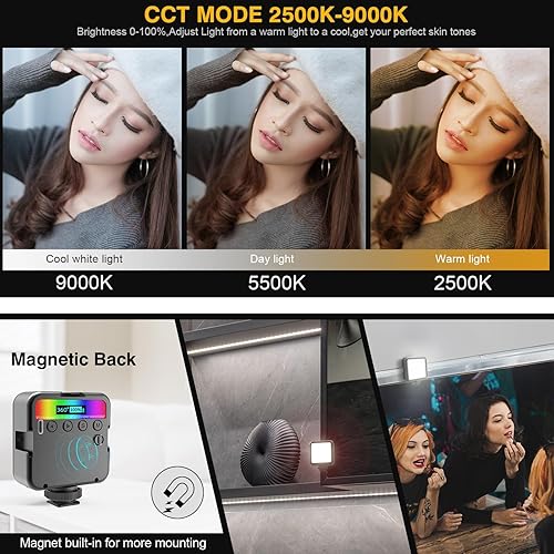Miniatura 5 de Luz de video LED RGB magnética Luz de cámara LED 360 a todo color Iluminación de fotografía portátil con 3 zapata fría, 2000mAh CRI recargable