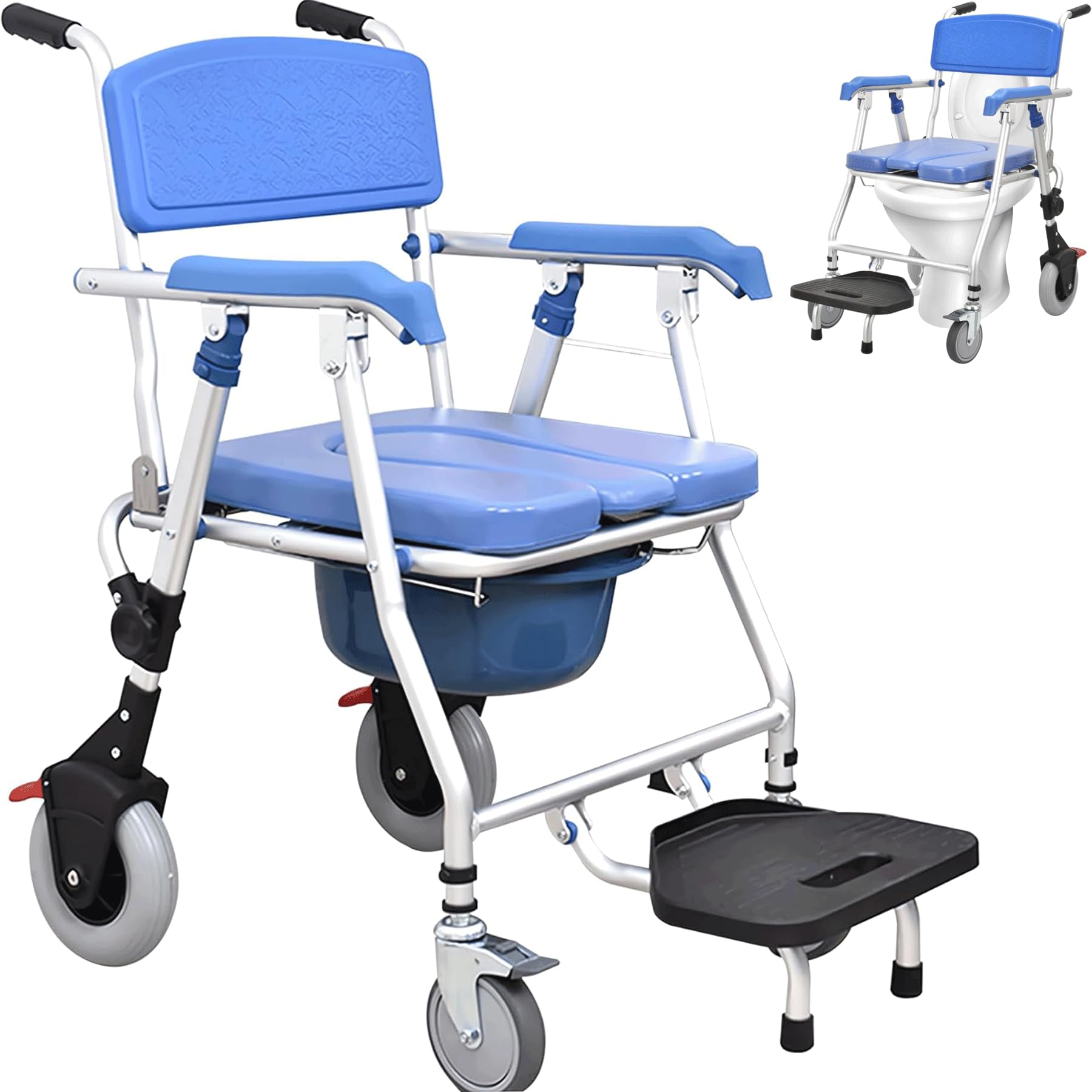 3 in 1 Bedside Commode Shower Chair, Folding Rolling Shower Wheelchair with Commode, Shower Commode Wheelchair with Arms and Locking Wheels, Mobile Toilet Chair for Senior and Disabled