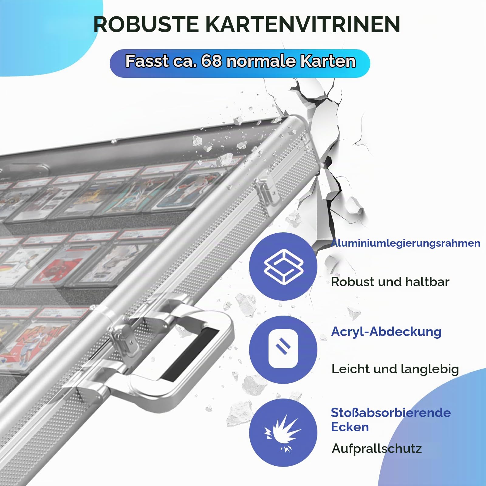 Aluminium-Karten-Vitrine mit Schloss und anpassbarem Schaumstoffeinsatz, große Glas-Tischvitrine für Sammelkarten, Schmuck, Sammelkarten, tragbare Acryl-Aufbewahrungsbox für Handel und Zuhause