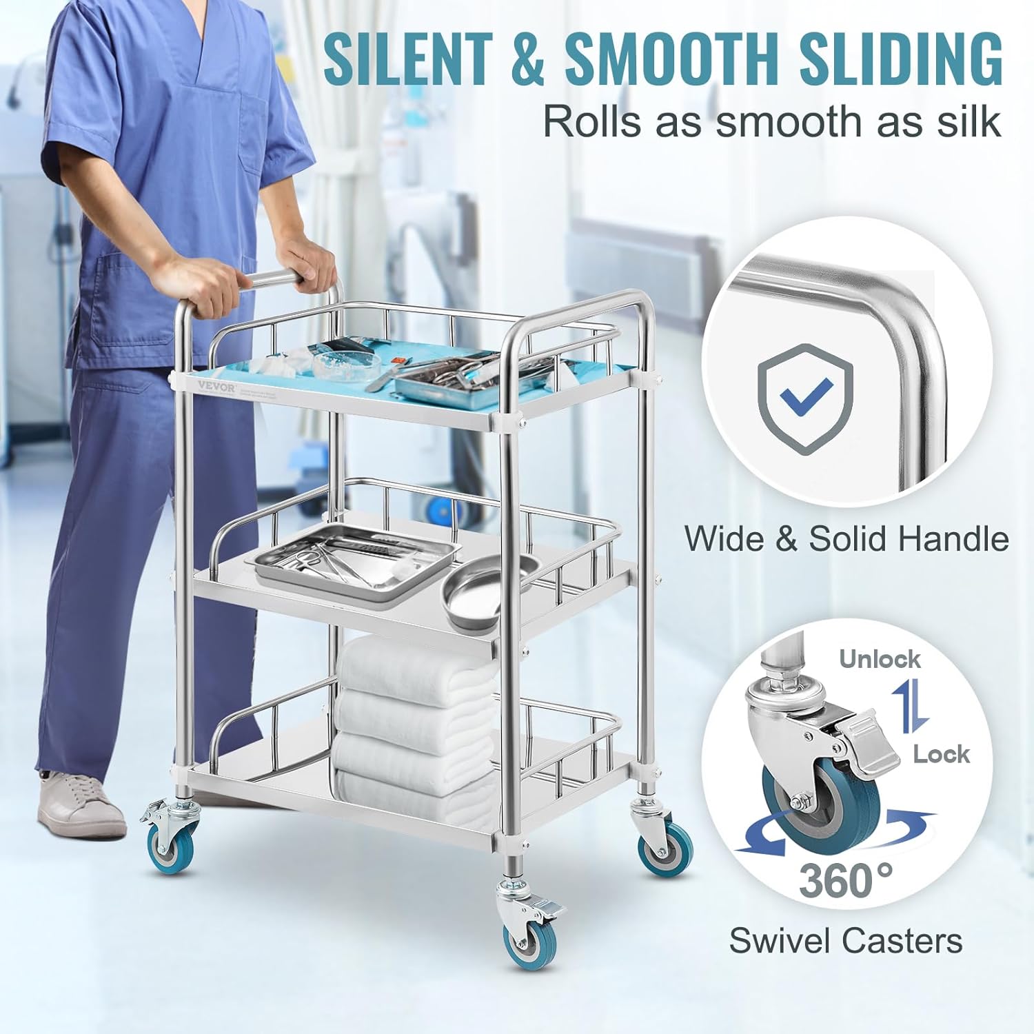 VEVOR Lab Rolling Cart, 3-Shelf Stainless Steel Rolling Cart, Lab Serving Cart with Swivel Casters, Dental Utility Cart for Clinic, Lab, Hospital, Salon, 26.38"x15.55"x34.13"