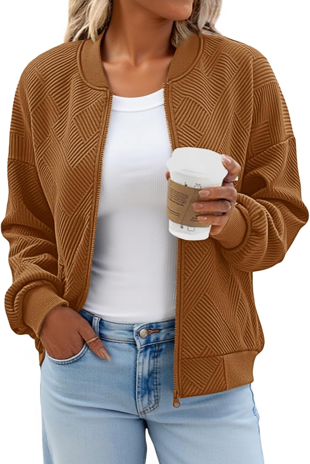 Tankaneo Womens Bomber Jacket Zip Up Casual Jackets Lightweight Trendy Outerwear Coat with Pockets