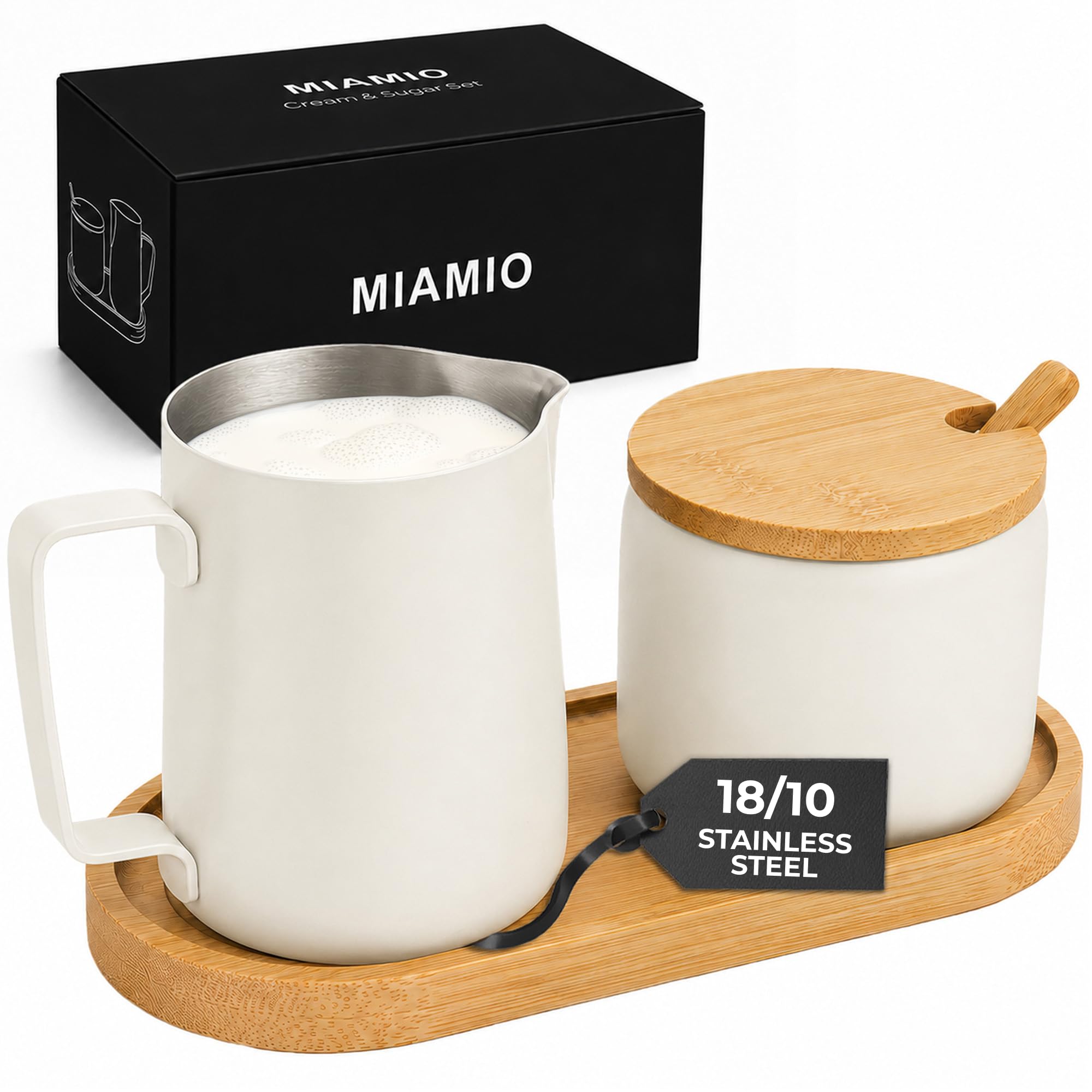 MIAMIO - Cream & Sugar Jar Set Stainless Steel with Bamboo Tray (White)