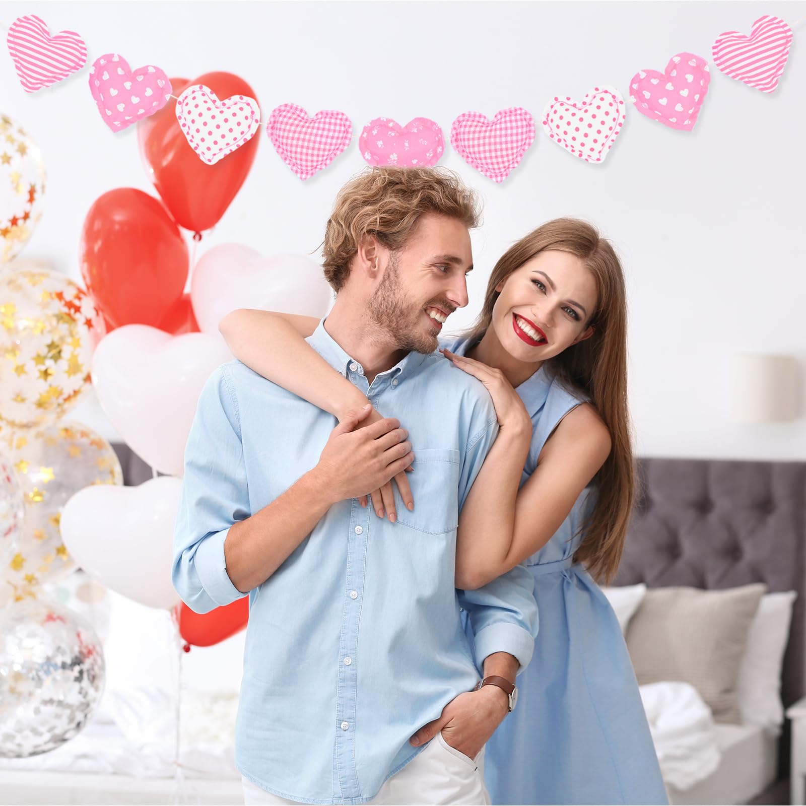 Whaline 3D Rosa Weiß Herz Girlande Vormontiert Herz Stoff Wimpelkette Girlande für Tag Hochzeit Jahrestag Party Hängende Dekorationen