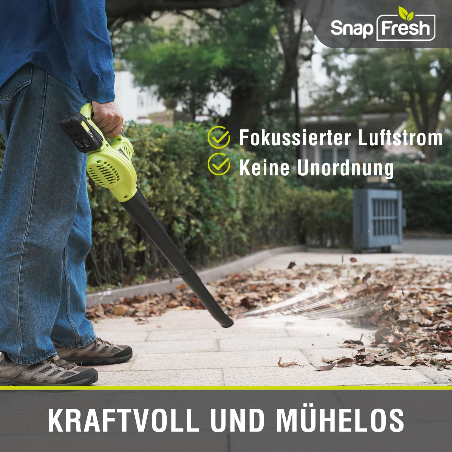 SnapFresh Laubbläser Akku-Laubbläser Kabelloser 20V 210 km/h 240m³/h / 2-Luftgeschwindigkeit/mit Akku und Ladegerät/Leicht Kompakte 1,2kg für Garten Hof Rasenpflege (Grün)