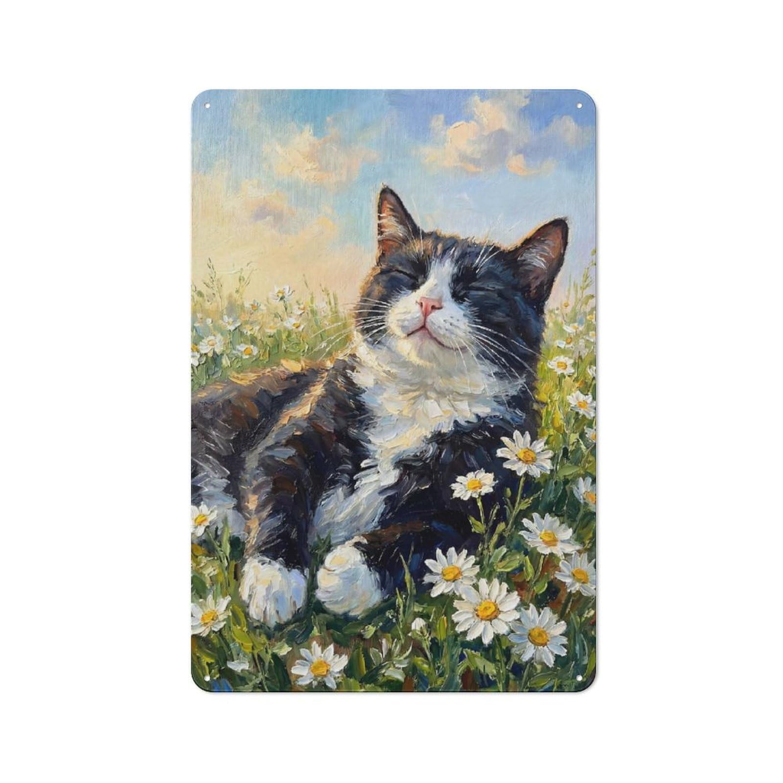 Junmoney Style Tin Wall Plaque 30X20cm With Tuxedo Cat In A Field Of Daisies For Man Cave Or Games Room, For Vintage Wall Decor Fans, For Themed Room Decoration