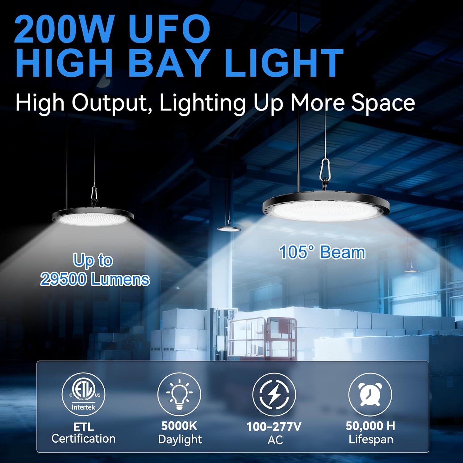 1 Pack 200W UFO LED High Bay Light, 29500lm 5000K Shop Lights for Warehouse, 5' Cable with Plug AC110-277V, Waterproof Commercial Lights for Barn Workshop Garage Factory Warehouse Gym ETL Listed