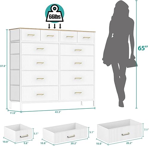Miniatura 10 de VASICAR Cómoda para dormitorio con 12 cajones, cómoda de tela alta, cómoda para armario, guardería, mesita de noche, sala de estar, lavandería,