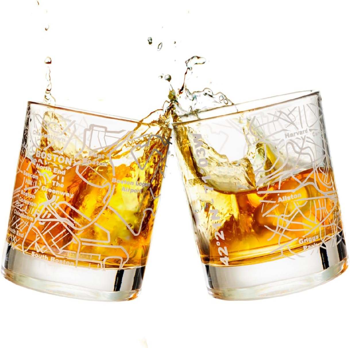 Whiskey Glasses - 10 Oz Tumbler Gift Set for Boston lovers, Etched with Boston Map | Old Fashioned Rocks Glass - Set of 2