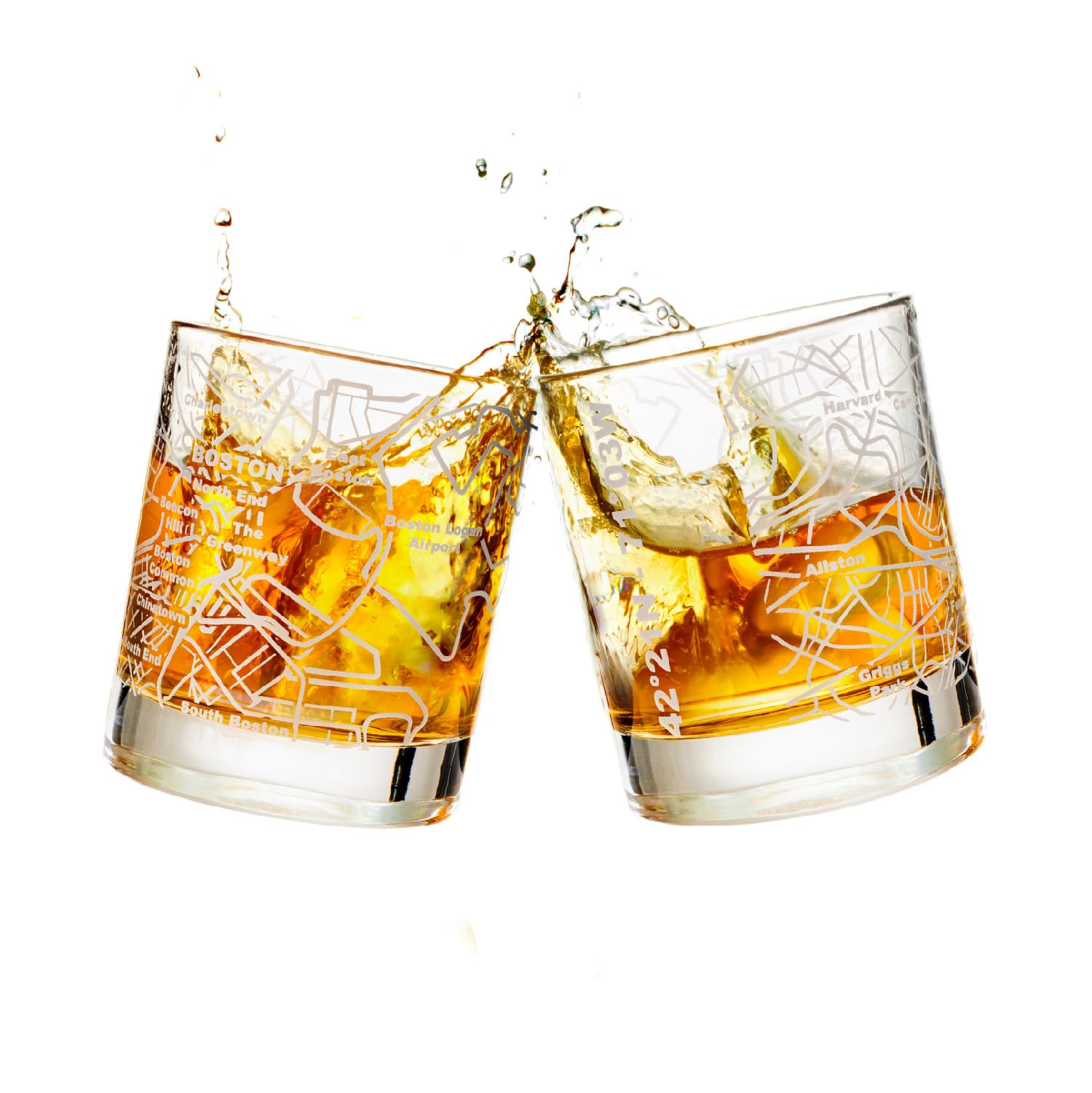 Greenline Goods Whiskey Glasses - 10 Oz Tumbler Gift Set for Boston lovers, Etched with Boston Map | Old Fashioned Rocks Glass - Set of 2