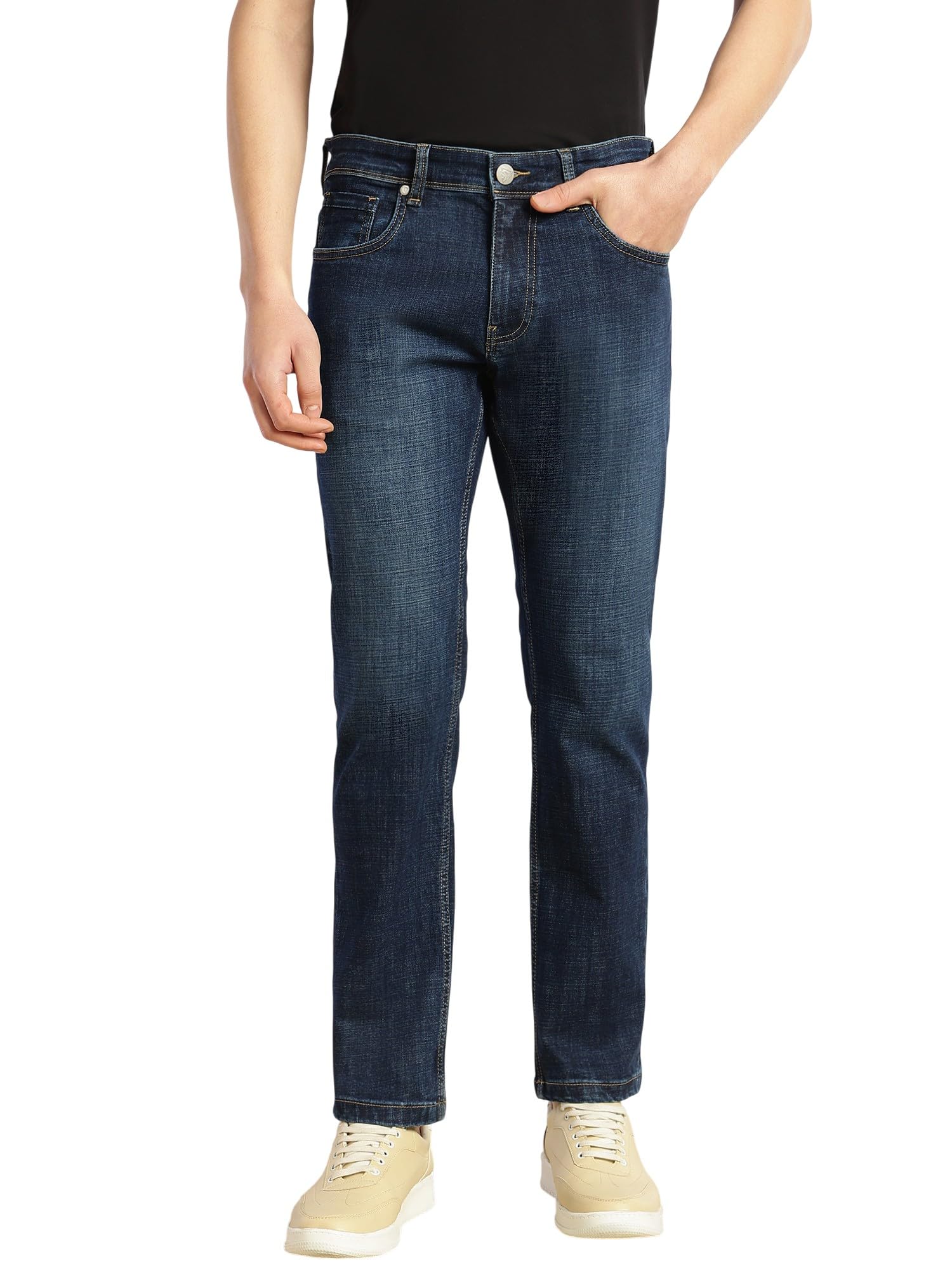 Men’s Slim Fit Stretchable Jeans | Mid-Rise Faded Denim | 5-Pocket Cricket Club Collection