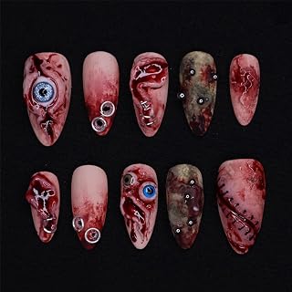 30Pcs Halloween Press on Nails Almond Medium Fake Nails Reusable Evil Eye Acrylic Nails Gothic Blood Glue on Nail Full Cover Bloody Scar False Nail 3D Metal Ring Stick on Nail for Women Manicure