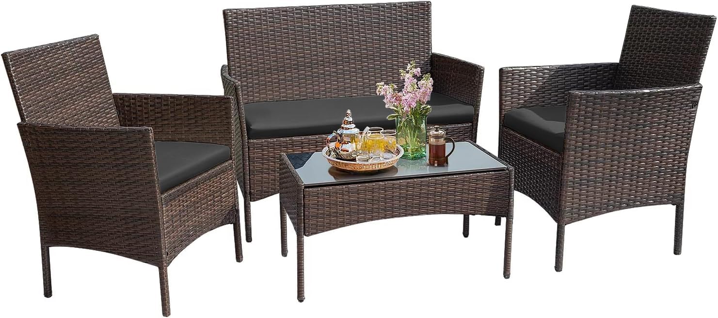 Flamaker Outdoor Furniture Patio Set Cushioned PE Wicker Rattan Chairs with Coffee Table 4 PCS for Garden Poolside Porch Backyard Lawn Balcony Use (Grey)