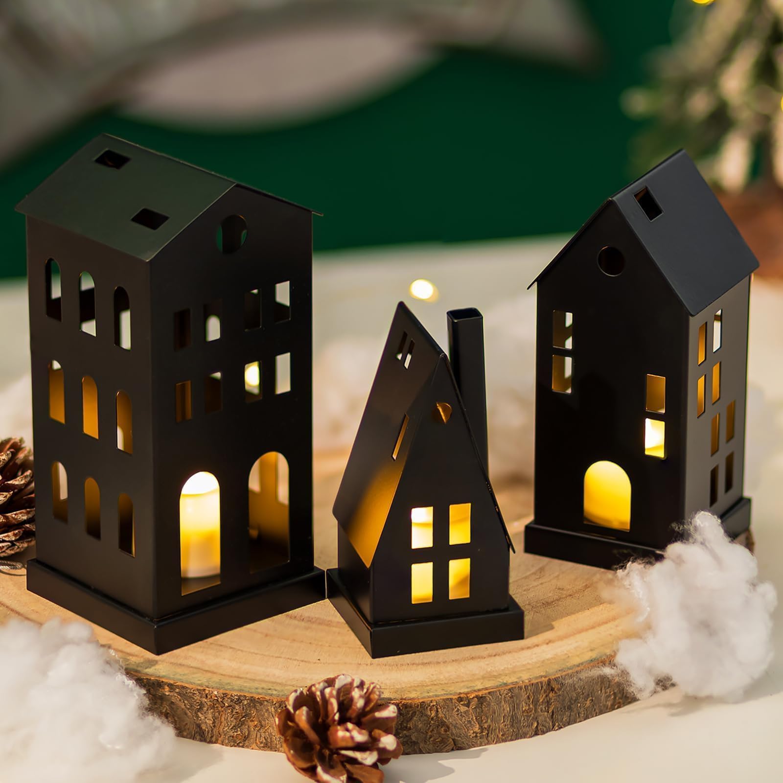 Romadedi Lichthaus Metall Für Weihnachtsdeko Schwarz: Mini Laterne Halloween Kerzenhalter Haus Mit LED Teelicht Windlicht