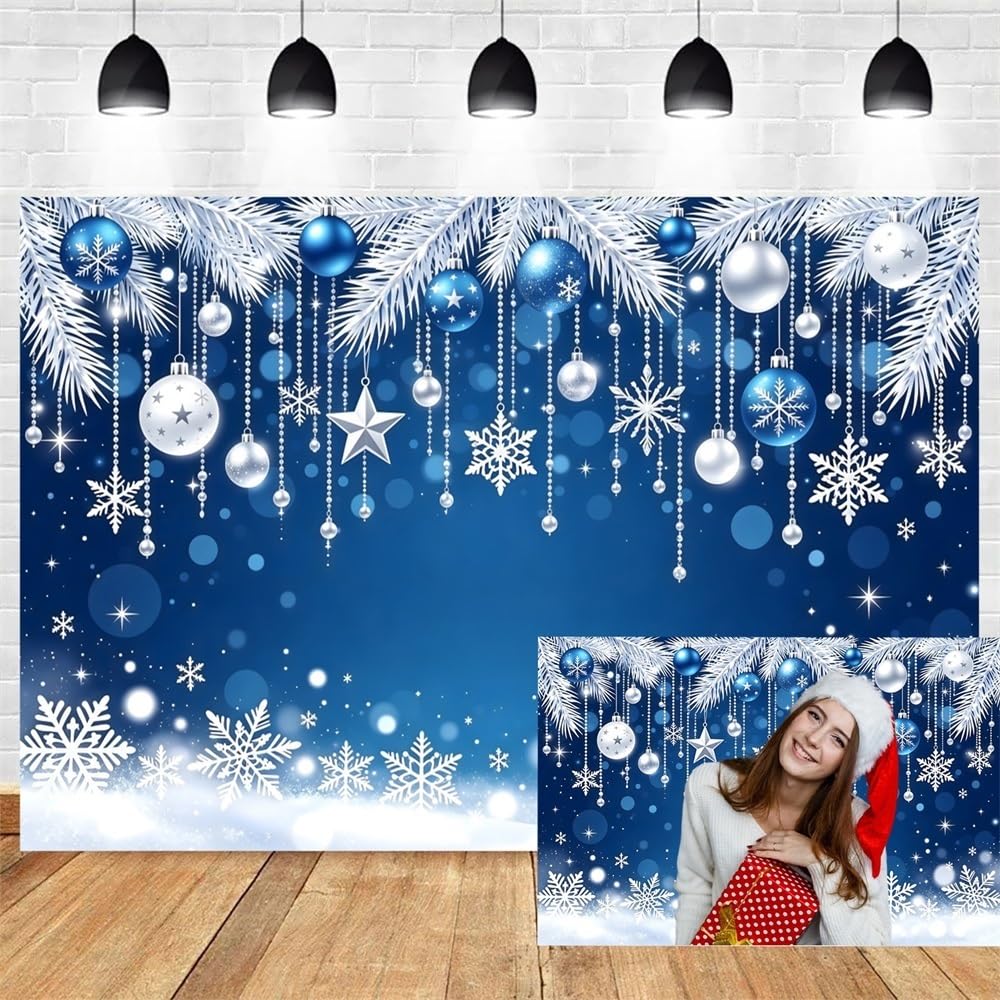 3,5x2,5m Sfondo blu Buon Natale fiocchi di neve bianchi e pino