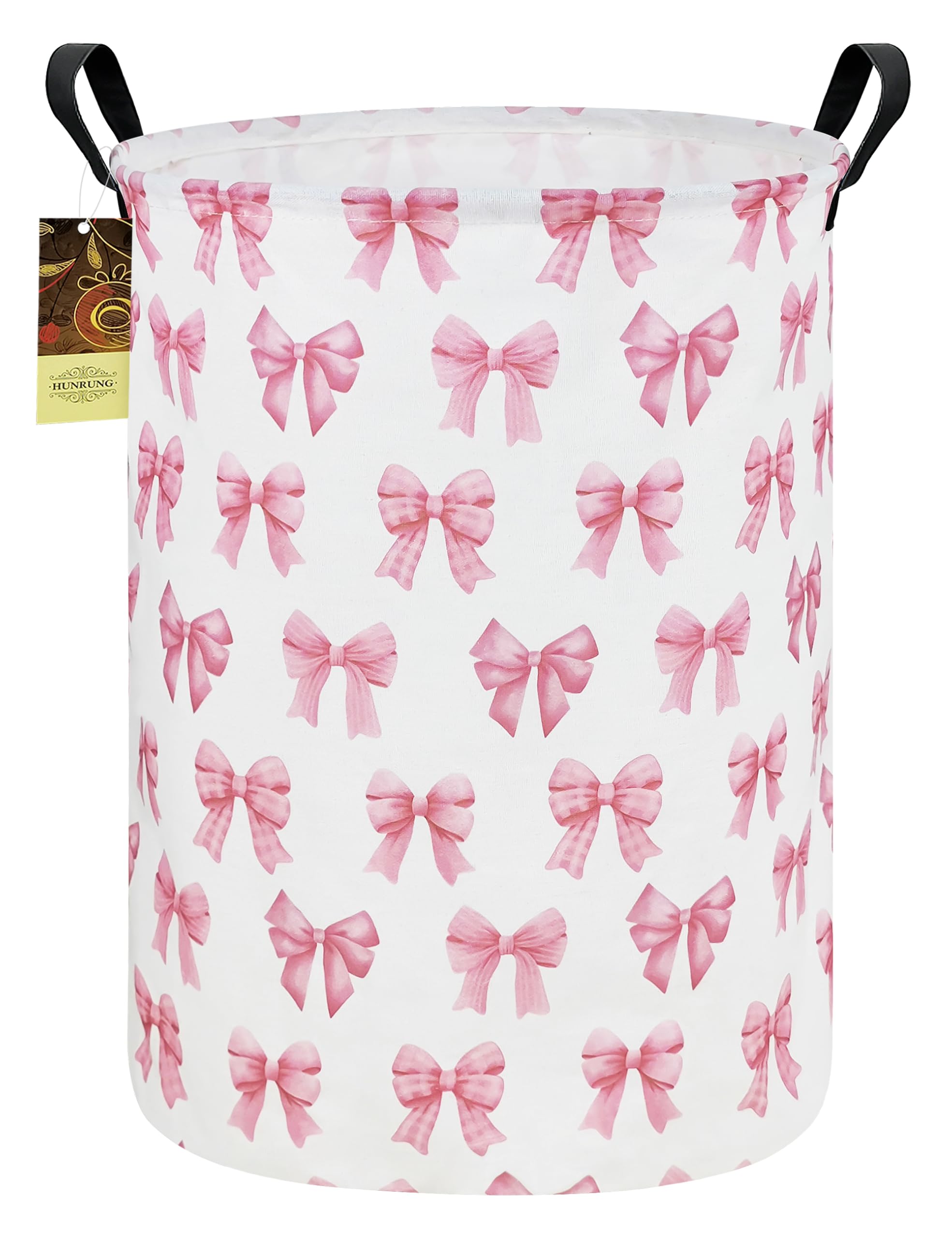 HUNRUNG Large Round Collapsible Laundry Hamper, Waterproof Cotton Canvas Storage Basket with Reinforced Handles for Bedroom Bathroom Dorm Home Decor, pink Knot Pattern โ image 1