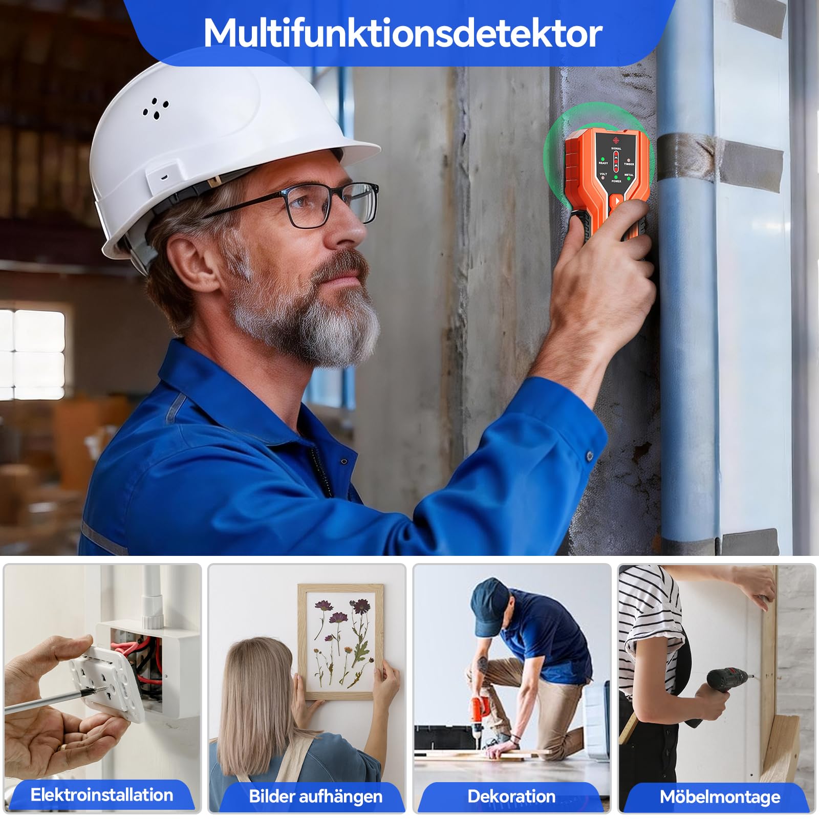 NOYAFA Wanddetektor, 3-in-1 Leitungssucher Ortungsgerät mit akustischer Warnung, Bolzensucher zur Erkennung von Holz, Metall, Rohren & stromführenden Leitungen – inkl. Batterie