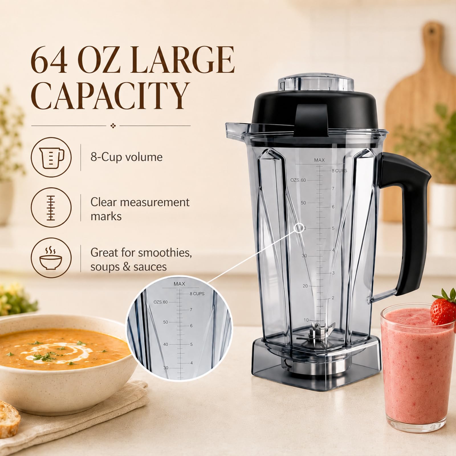 Recipiente de repuesto para jarra de licuadora de 64 onzas compatible con Vitamix 5200, 5300, 6300, 7500, E310, E320, VM0101, VM0103 Classic & Explorian Series, tarro sin BPA con tapa