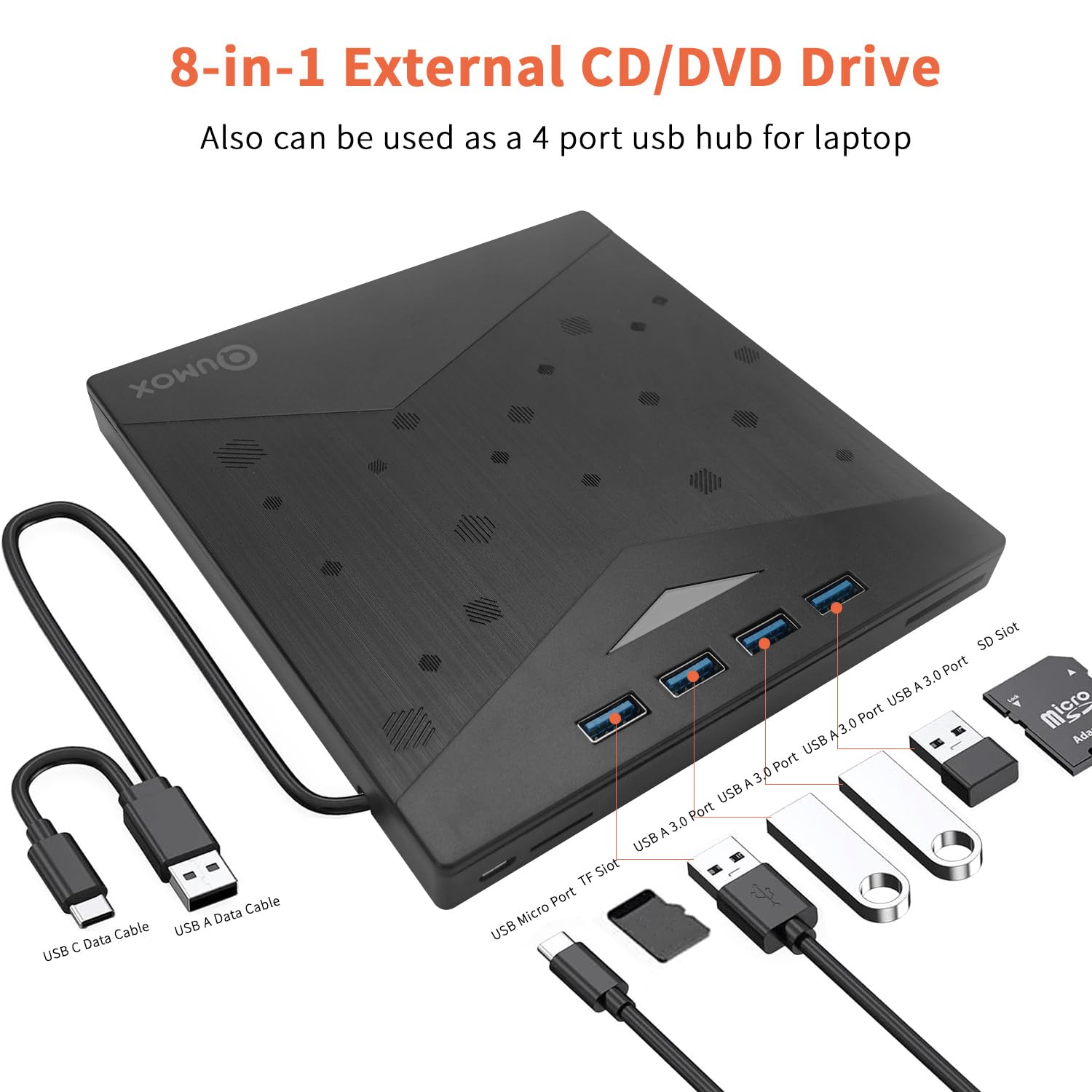 QUMOX Masterizzatore Esterno CD/DVD USB 3.0 con Hub 8-in-1, 4 Porte USB, Lettori Schede SD/TF, Ultra Sottile per PC/Mac/Linux, RGB