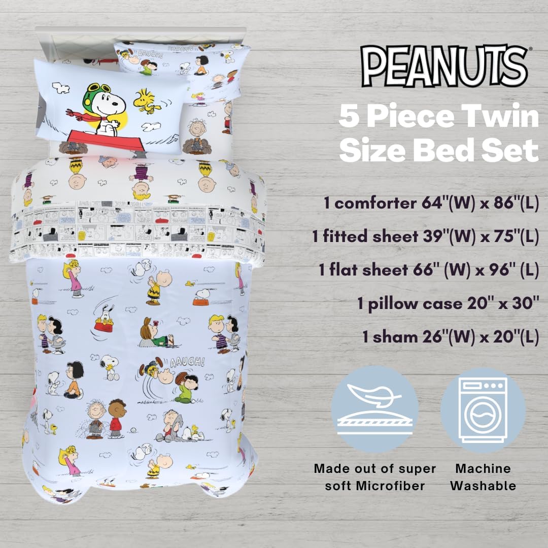 Peanuts Charlie Brown, Snoopy & Gang Bedding, 5 Piece Super Soft Cozy Reversible Comforter and Sheet Set with Sham, Twin, (100% Official Licensed Product) by Franco Collectibles