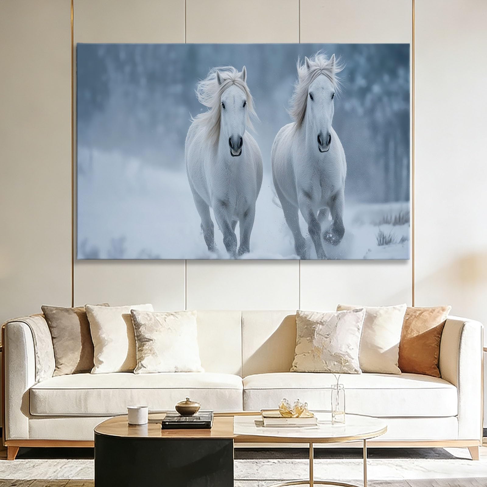 Generisch Natürlich Tier Weißes Pferd Modernes Leinwandbild 120L x 80B cm mit Rahmen, Reinweiß XXL Wanddeko für Wohnzimmer Geschenk Idee Einzug - Hochwertiger Kunstdruck auf Holzrahmen