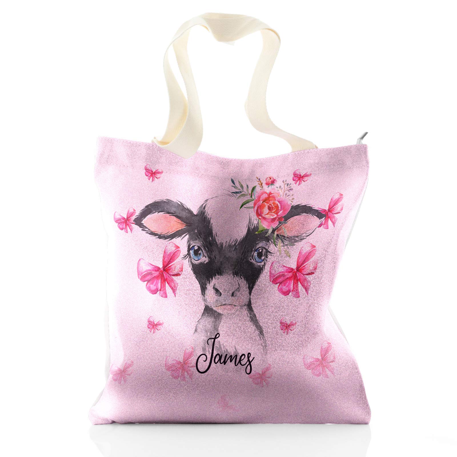 Hairyworm Personalised Tote Bag, Pink Glitter Bag Customised with Initial/Name/Text, Cow Pink Bows Design, Gift bag, Shopping Bag, Size: (37cm x 34cm)