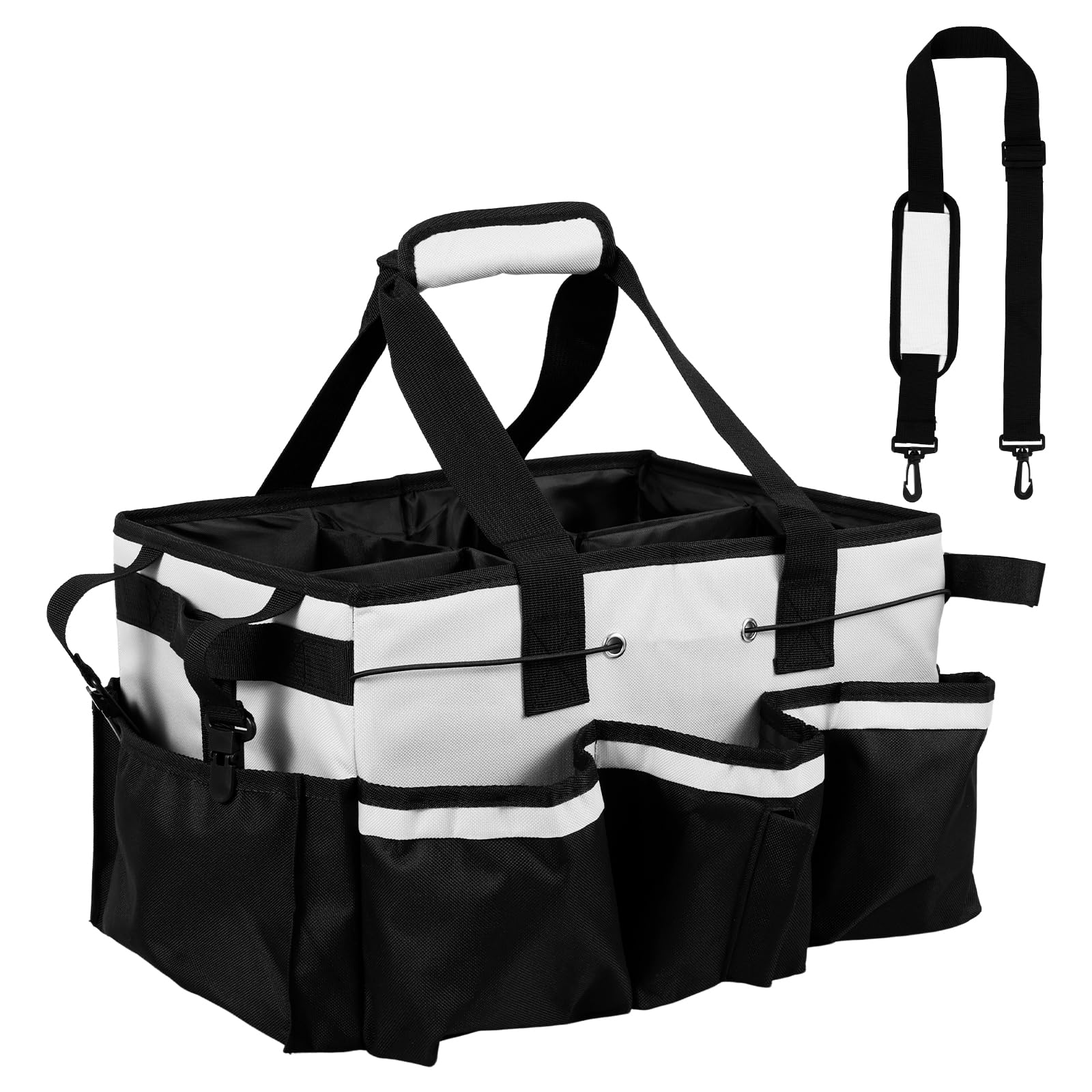 Kuphy Black And White Cleaning Caddy Bag With Adjustable Shoulder Strap And Multiple Pockets Multifunctional Cleaning Caddy Storage Large Capacity Cleaning Tote Organizer For Housekeepers