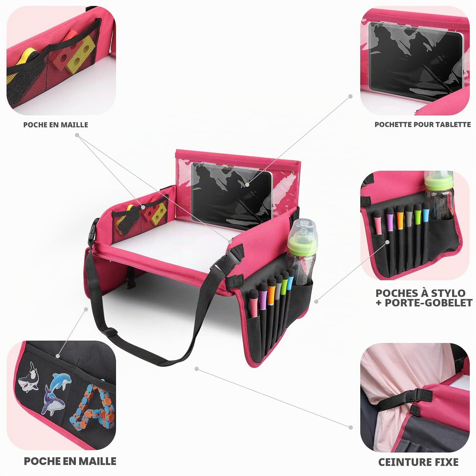 Plateau de Voyage Enfant Voiture - Plateau de Voyage pour Enfant, Tablette Voiture avec 6 Marqueurs et 1 Sac de Rangement, Rose