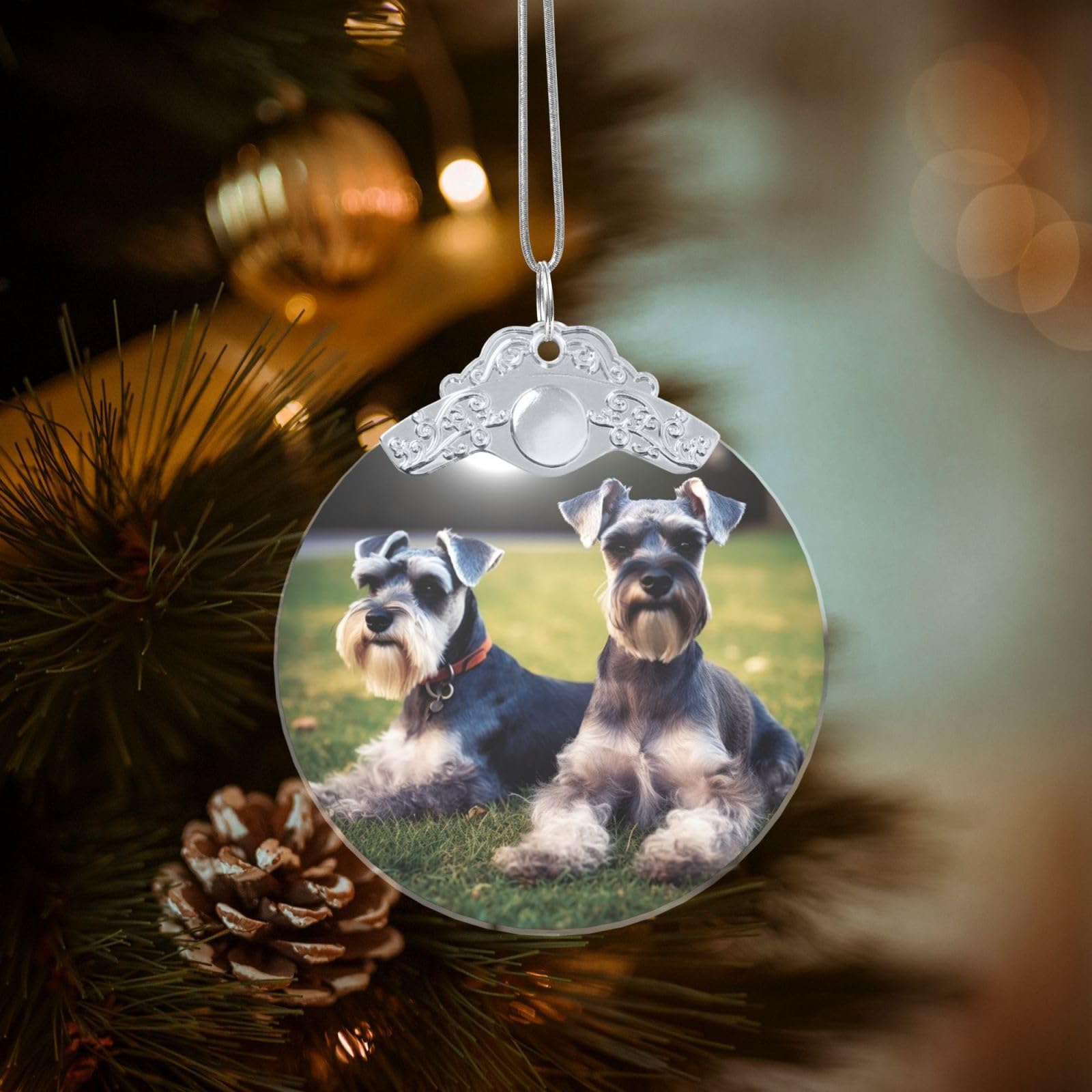 Crystal Christmas Ornaments for Christmas Tree Decoration Hanging Adult Schnauzer Dogs Ornament with Gold Ribbon Crafts Round Pendant for Keepsake Gifts Glass Xmas Decor Party Supplies