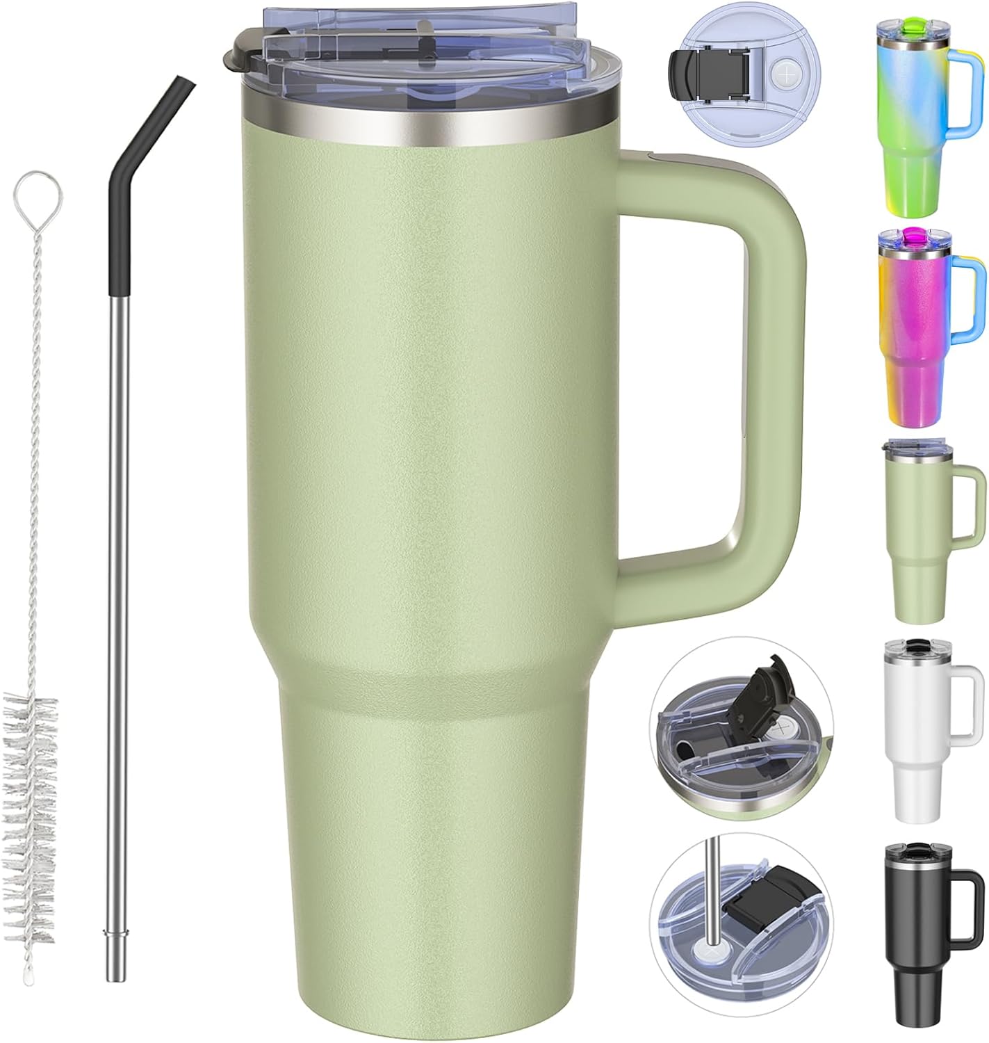 40 oz tumbler with handle and straw,Double Wall Vacuum Reusable Stainless Steel Insulated Water Bottle,With Leak Proof lid and Straw for Iced or Cold Beverages (bay green)