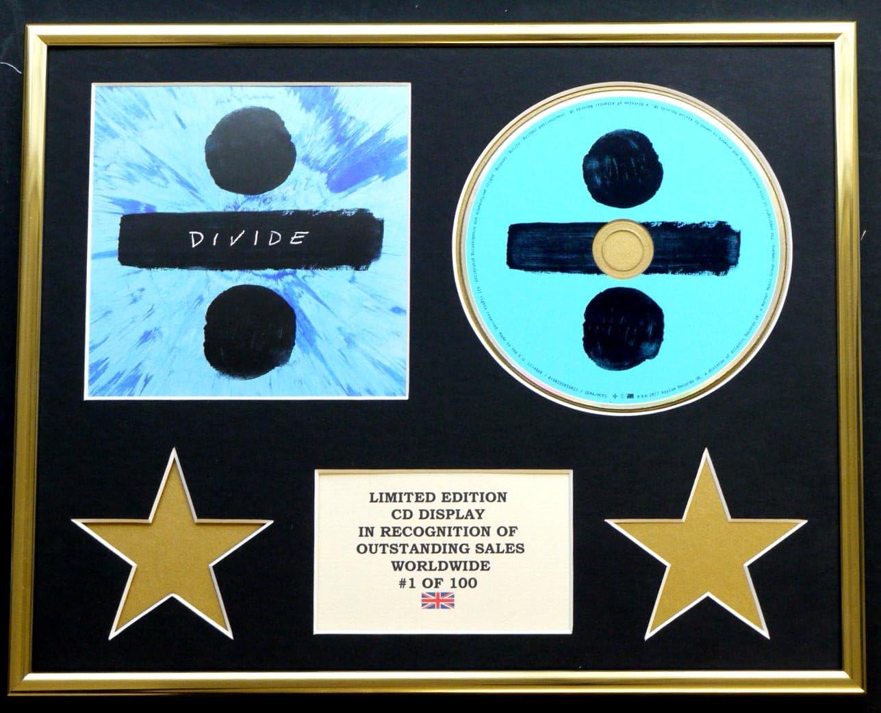 ED SHEERAN/CD DISPLAY/LIMITED EDITION/COA/DIVIDE, Gold, 30L x 24W cm