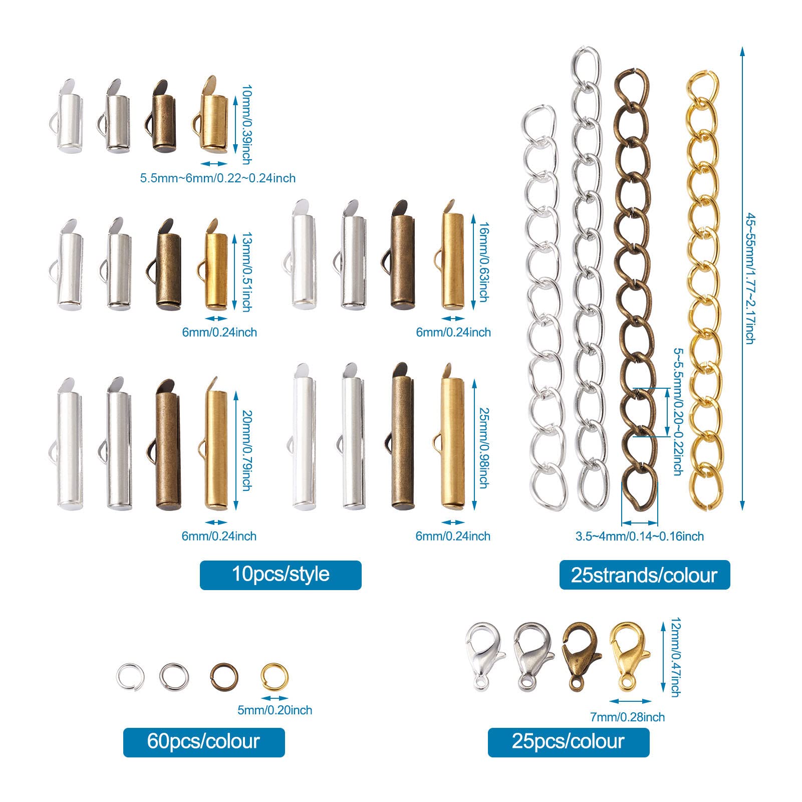 Craftdady 200 cierres deslizantes de 4 colores, 5 tamaños, tapas deslizantes de latón con cierres de pinza de langosta, cadenas extensoras trenzadas, anillos de salto para joyería, manualidades, 10 mm
