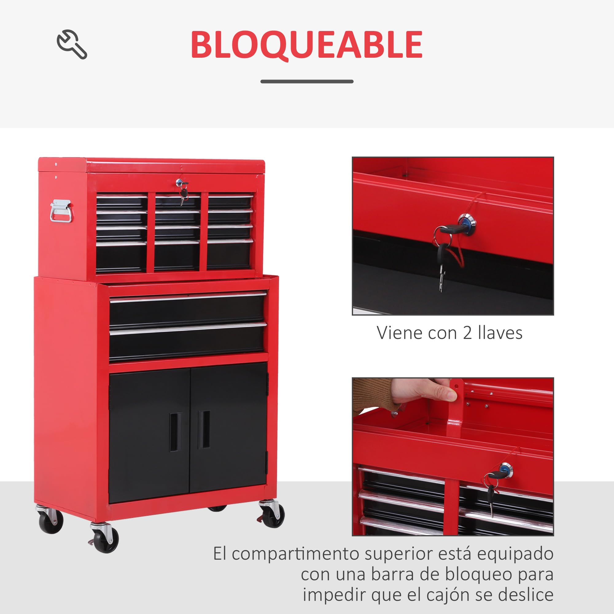 HOMCOM Carro de Herramientas con Baúl Superior, 2 en 1, Carro de Taller con 6 Cajones, Armario, Cerradura, 4 Ganchos, 2 Ruedas con Freno de Bloqueo, para Garaje, Hogar, Rojo