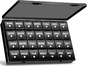 Yaklim Monthly Pill Box Organiser: Large Monthly Pill Organiser 4 Week Daily Pill Container with Dust-Proof Tablet Case - 28 Day Travel Medicine Dosette Box XL Copartments Vitamin Holder (Black)