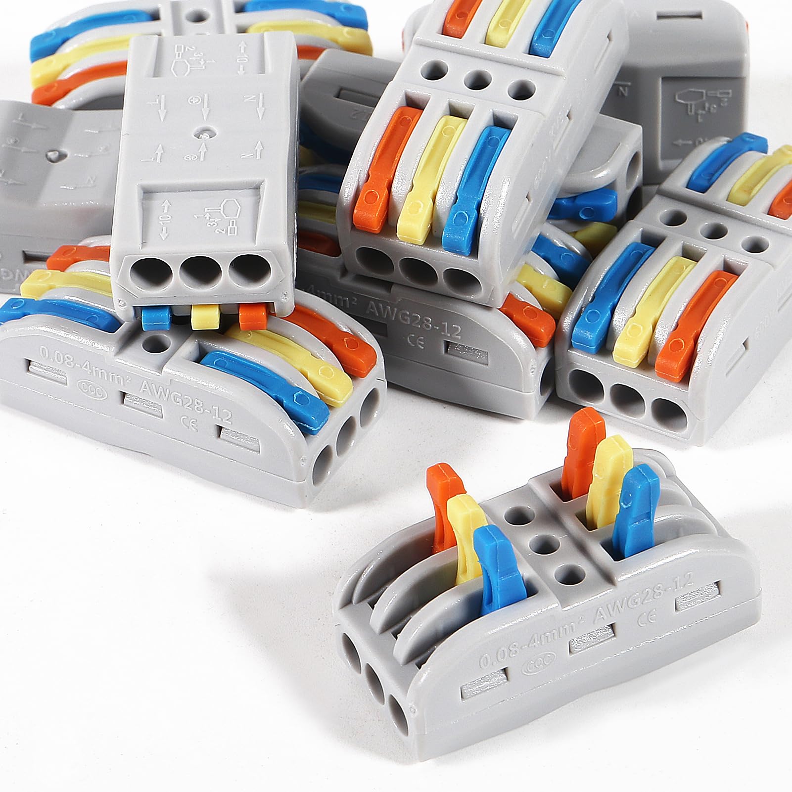 20PCS Wire Connectors, Compact Lever Wire Nuts Connectors Wire Terminals 3 Into 3 Out Splicing Wire Connector, Color Valve in-Line Connector for Quick Connect 28-12 AWG SPL-3
