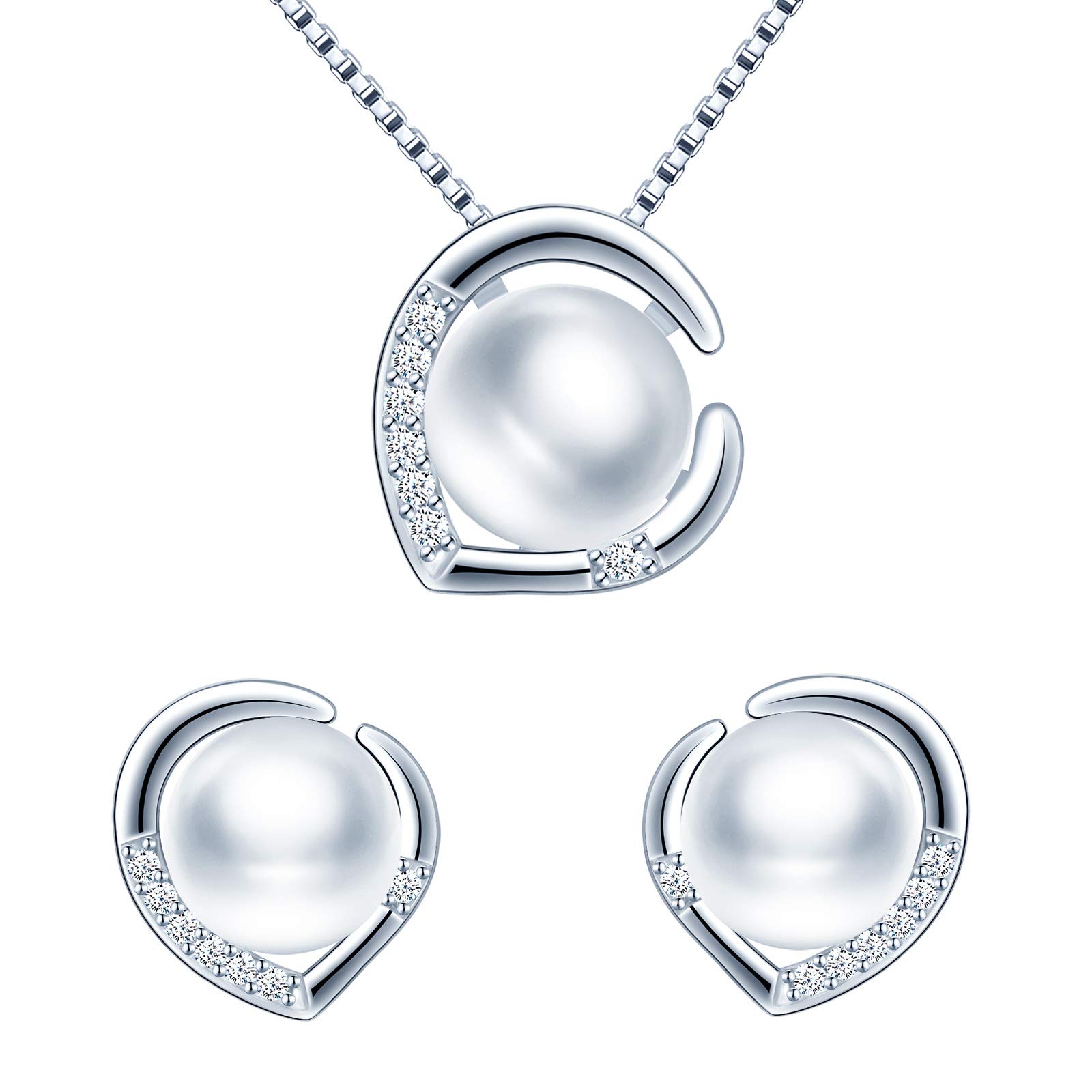 Yumilok pendientes de Chica mujer collar de perlas y pendientes, collar de corazón plata 925 para mujer niña, pendientes de perlas circonita con incrustaciones