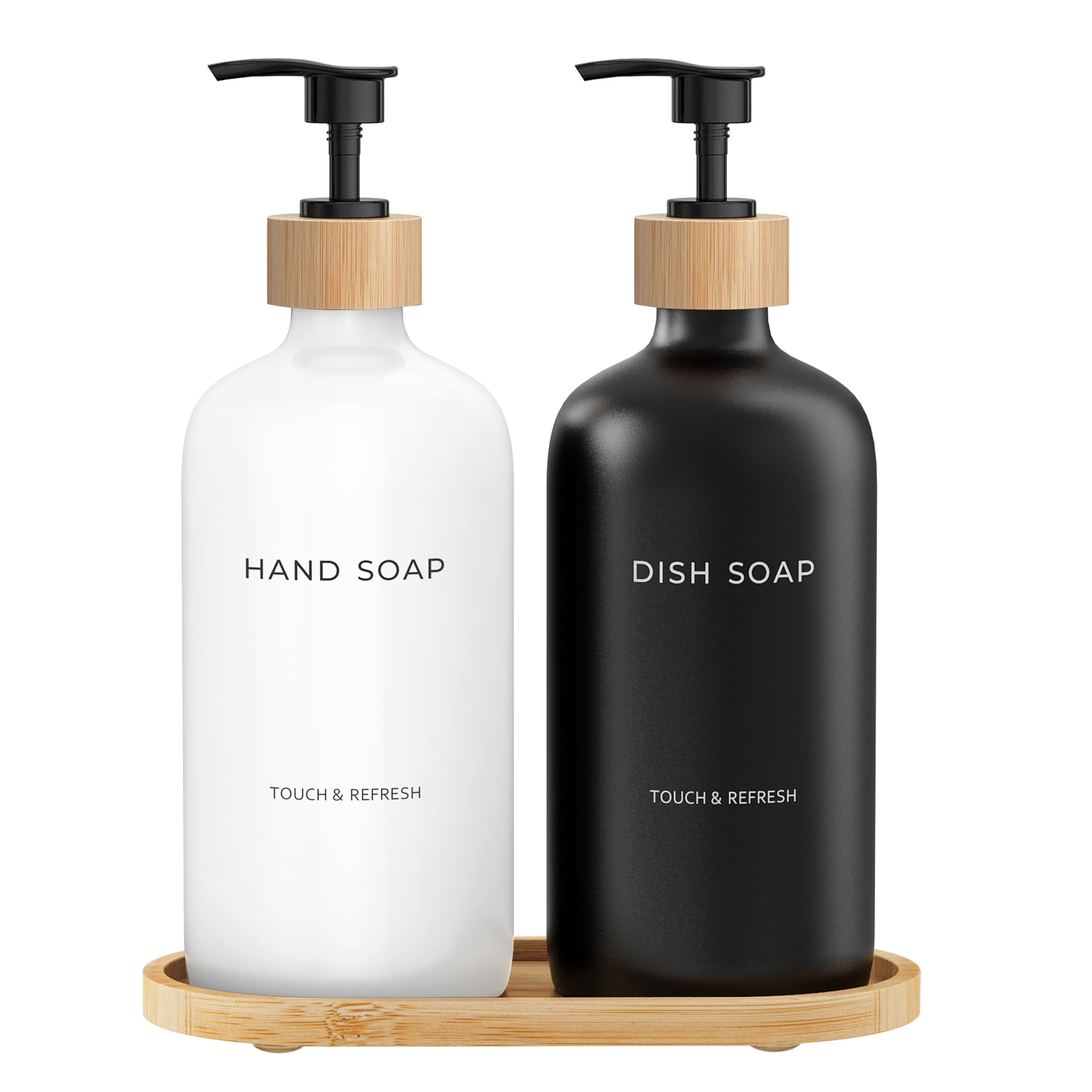 Soap Dispenser Set with Tray - Hand and Dish Soap Dispenser with Bamboo Pump Bottles for Kitchen Sink, Modern Kitchen Decor & Accessories (Black/White)