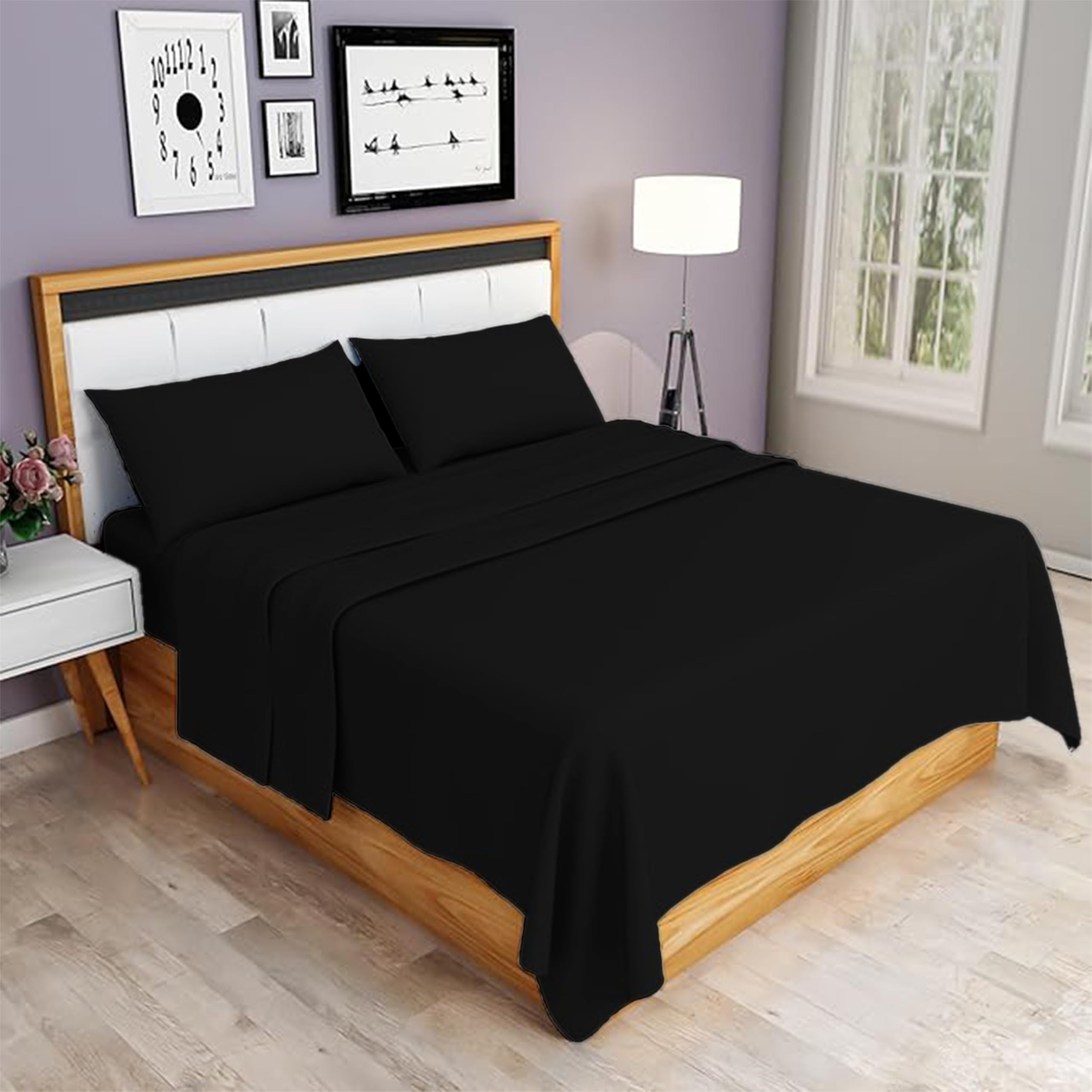 Rohi 4 Piece Brushed Cotton Flannelette Sheets & Pillowcases Set – Includes 1x Fitted Sheet, 1x Flat Sheet, & 2x Pillowcases – Soft, Warm & Cozy Brushed Cotton Sheets Set (King, Black)