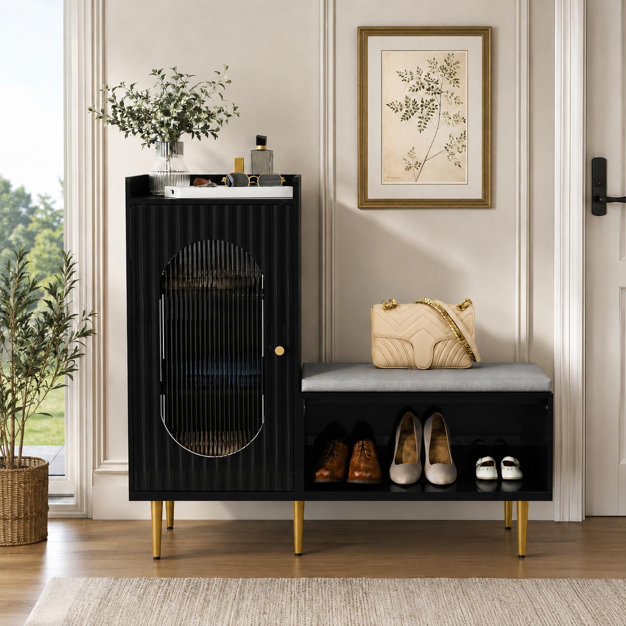 HLR Shoe Storage Bench with Glass Door&amp;Shelf, L-Shaped Shoe Cabinet, Black