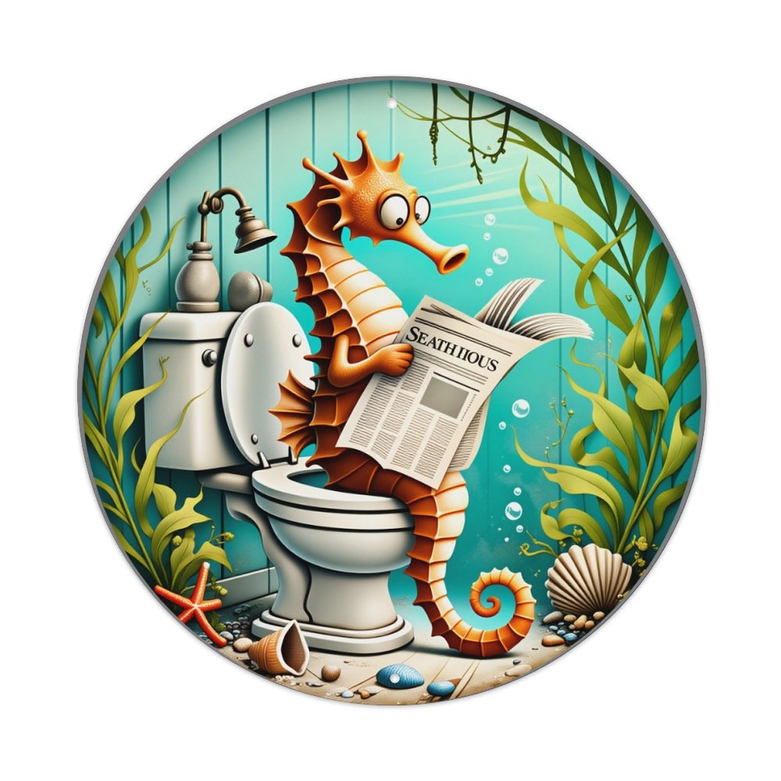 Seahorse Reading Newspaper On Toilet Vintage Round Tin Sign Retro Metal Wall Decor Metal Poster, Home Bar Garage Farmhouse Cafe Wall Art Decoration 8x8Inches