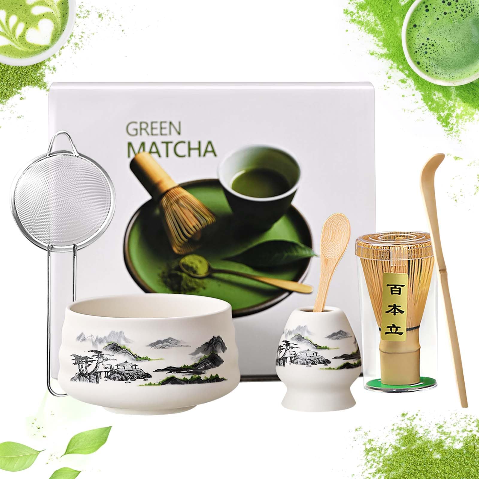 Zestaw do matchy, japoński herbaty, miska, szufelka, sitko, uchwyt na miotłę do matchy, zestaw herbaty Matcha (Czarno-biały krajobraz)