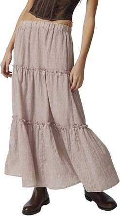 Lisskolo Tiered Skirts for Women Boho Maxi Flowy Pleated Skirts Elastic High Waist Ruffle A-Line Swing Long Beach Skirts