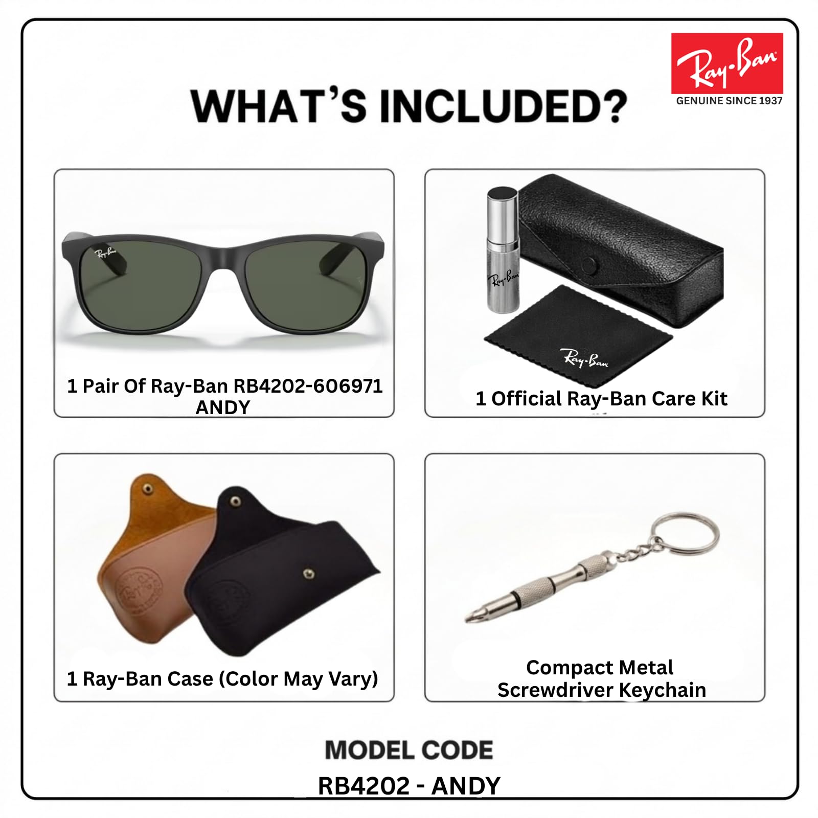 Ray-Ban RB4202 Andy quadratische Sonnenbrille, BRILLEN-SET | Exklusiv-Etui und Care-Kit | Matt Black/G-15 Green