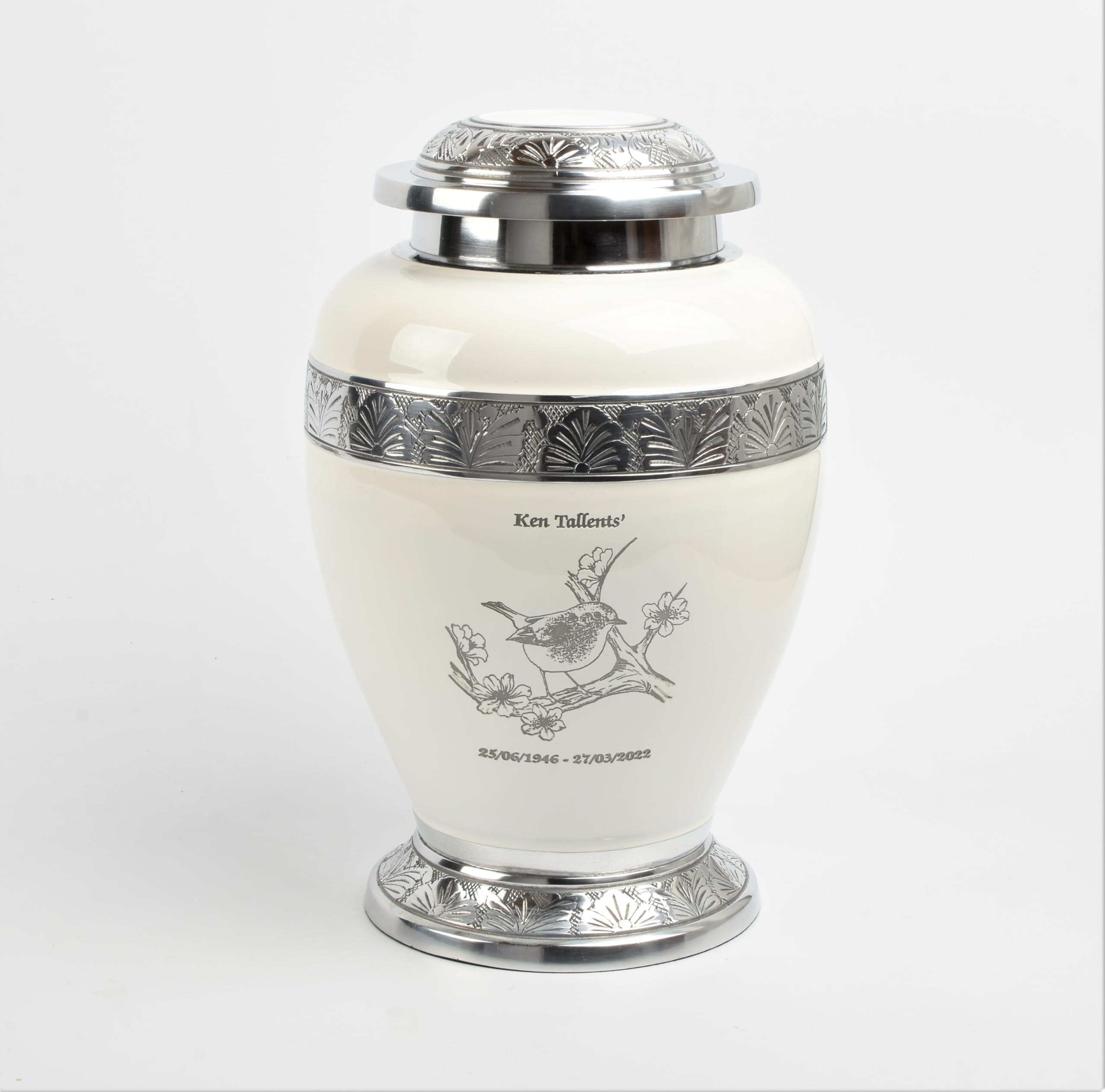Aluminium Cremation Urn for Human Ashes – Adult Large Size Funeral Memorial Keepsake – Secure and Dignified Resting Place Holds Approx. 90kg or 14 Stone Body Ashes (White- Robin)