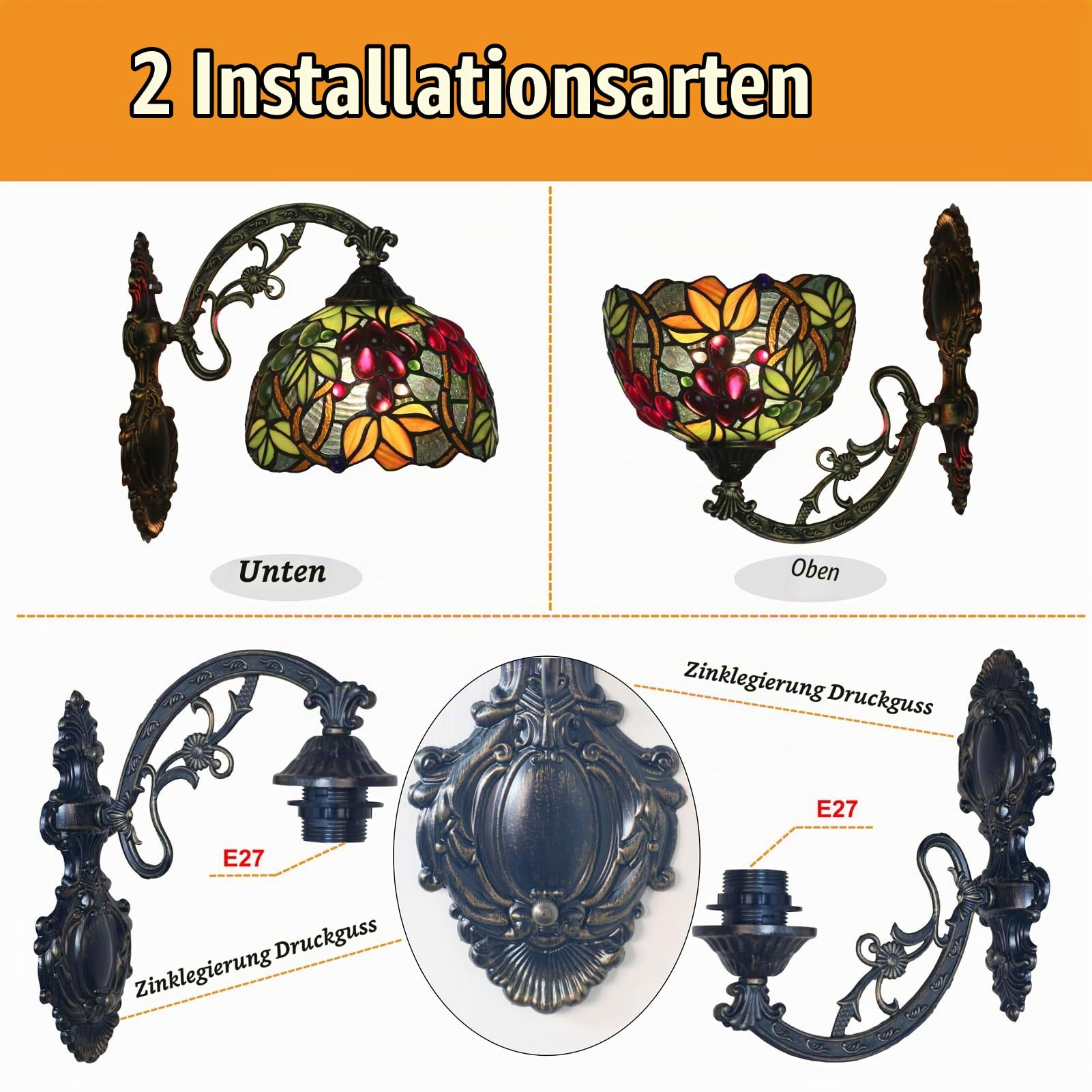 Wandleuchten, Tiffany Wand Lampe mit 8 Zoll Lampenschirm aus Buntglas und Gestell aus Metall, Wandlampen Vintage Wand Licht für Innen Wohnzimmer Korridor Treppen Flur, Grape