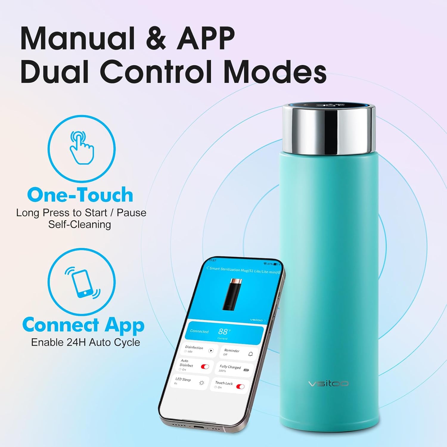 Vsitoo Smart self cleaning Insulated Water Bottle, 15oz Stainless Steel Vacuum Flask, AI Self-Clean, 30-Day Battery Life, BPA-Free, Magnetic Charging, Portable Travel Mug Gifts for Men Women, Blue