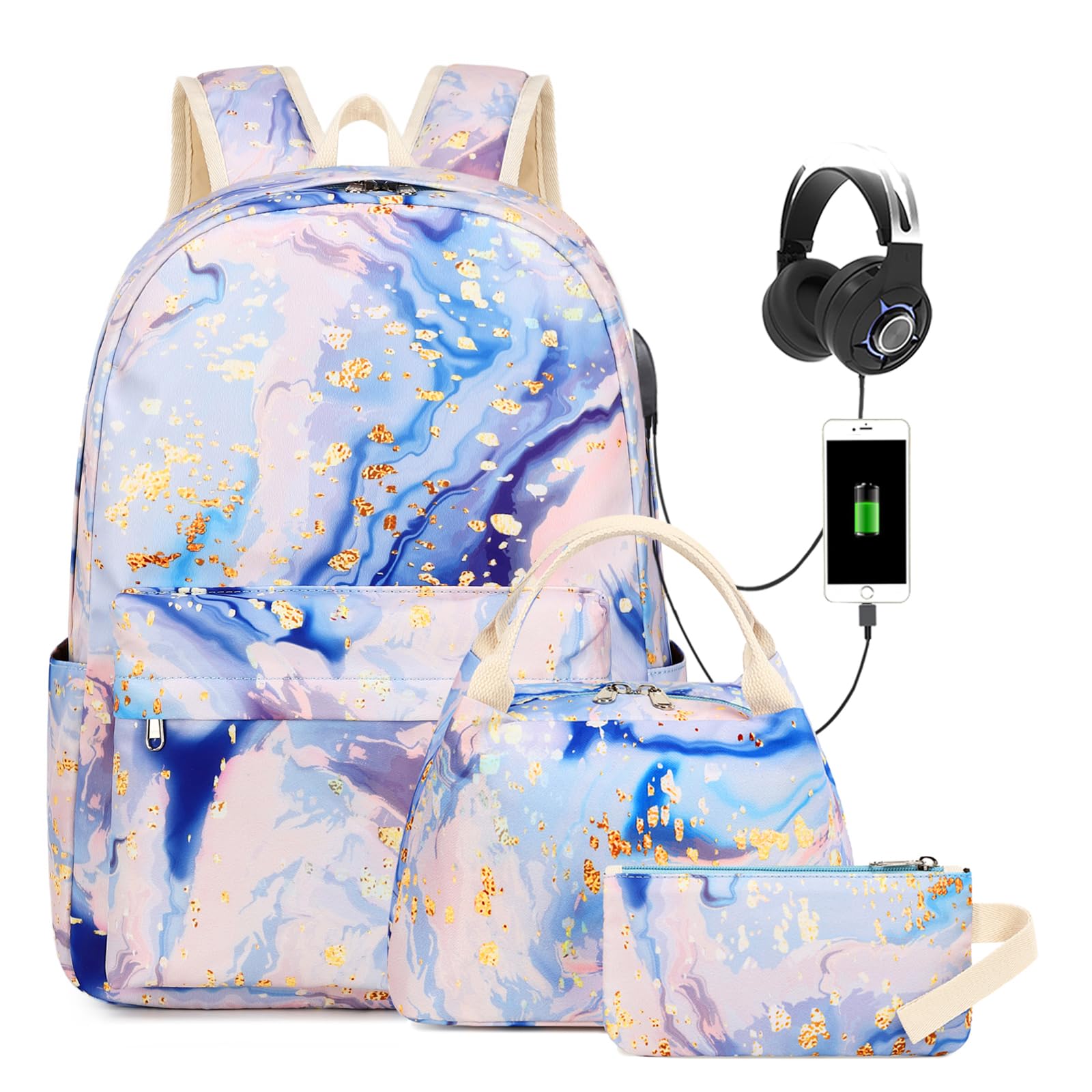 Zaino scolastico per ragazze e adolescenti, set con portapranzo, astuccio da viaggio, zaino per computer portatile, zaino casual