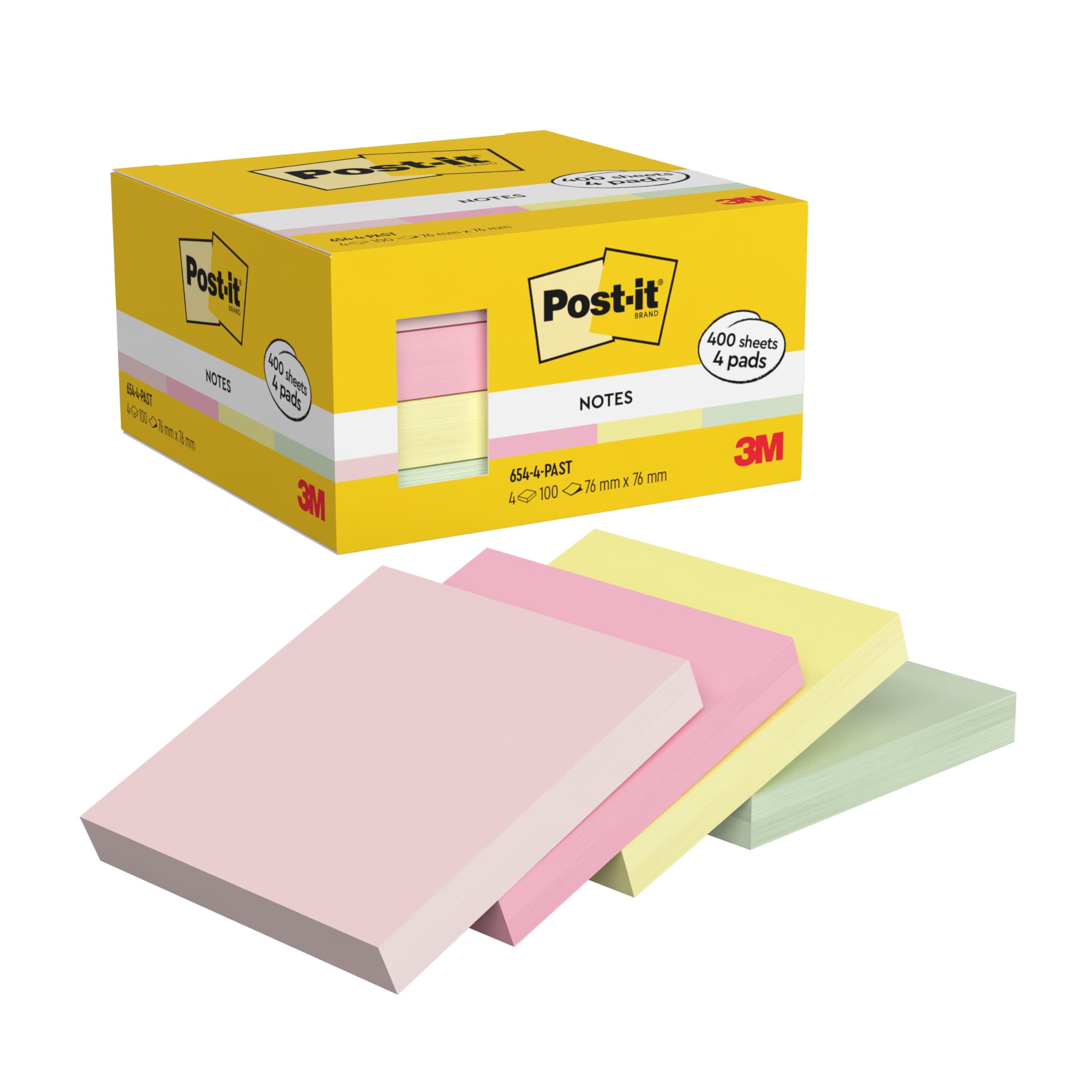 Post-it Notes, 400 Sheets, Pack of 4 Pads (76 mm x 76 mm) Pastel Assorted Colours - Self-Stick Notes for Note Taking, to Do Lists & Reminders, Recyclable