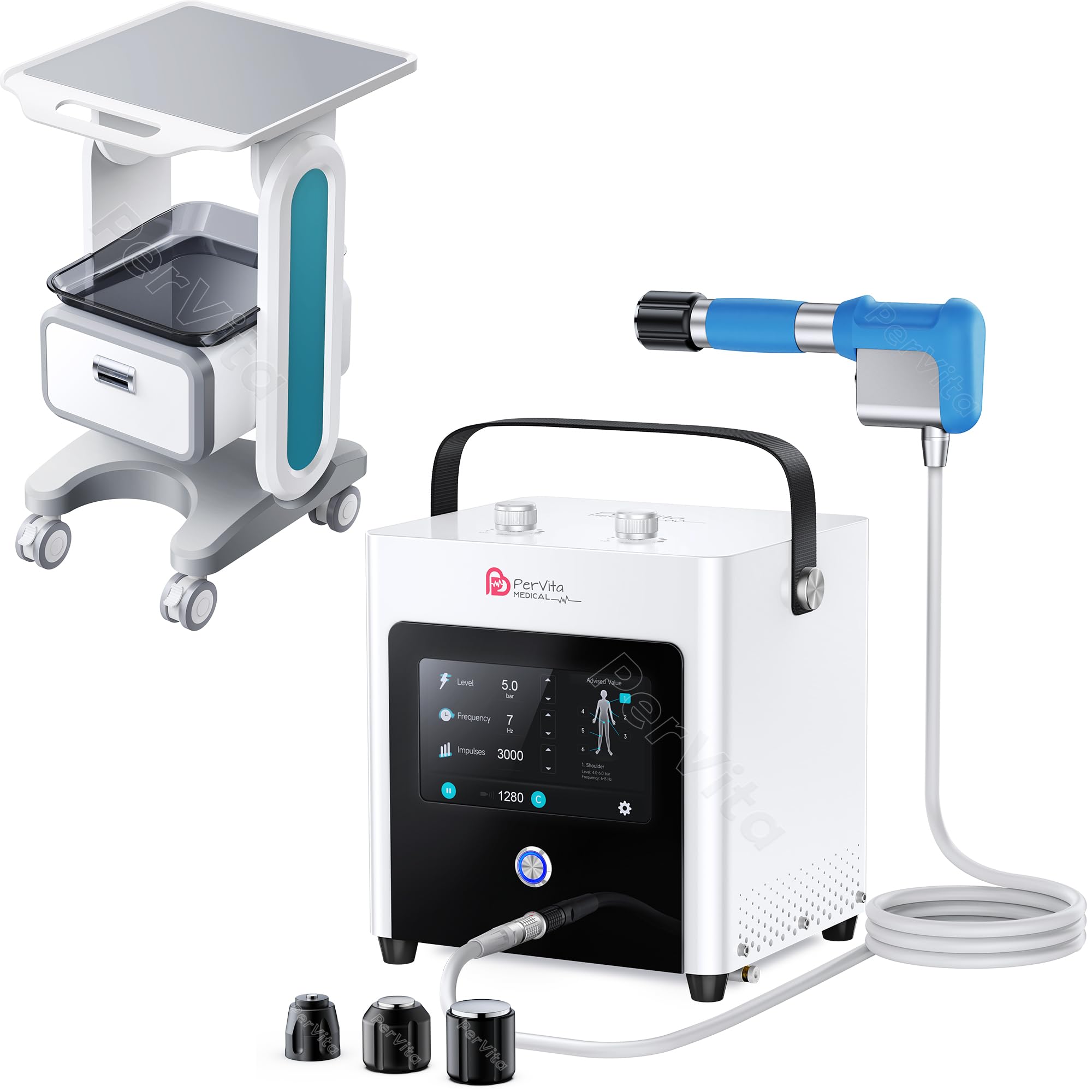 Shockwave Therapy Machine PSP15 and Medical Trolley Cart, Effortless Collaboration for Mobility, Muscle Pain Relief, Painless, Non-Invasive, No Side Effects