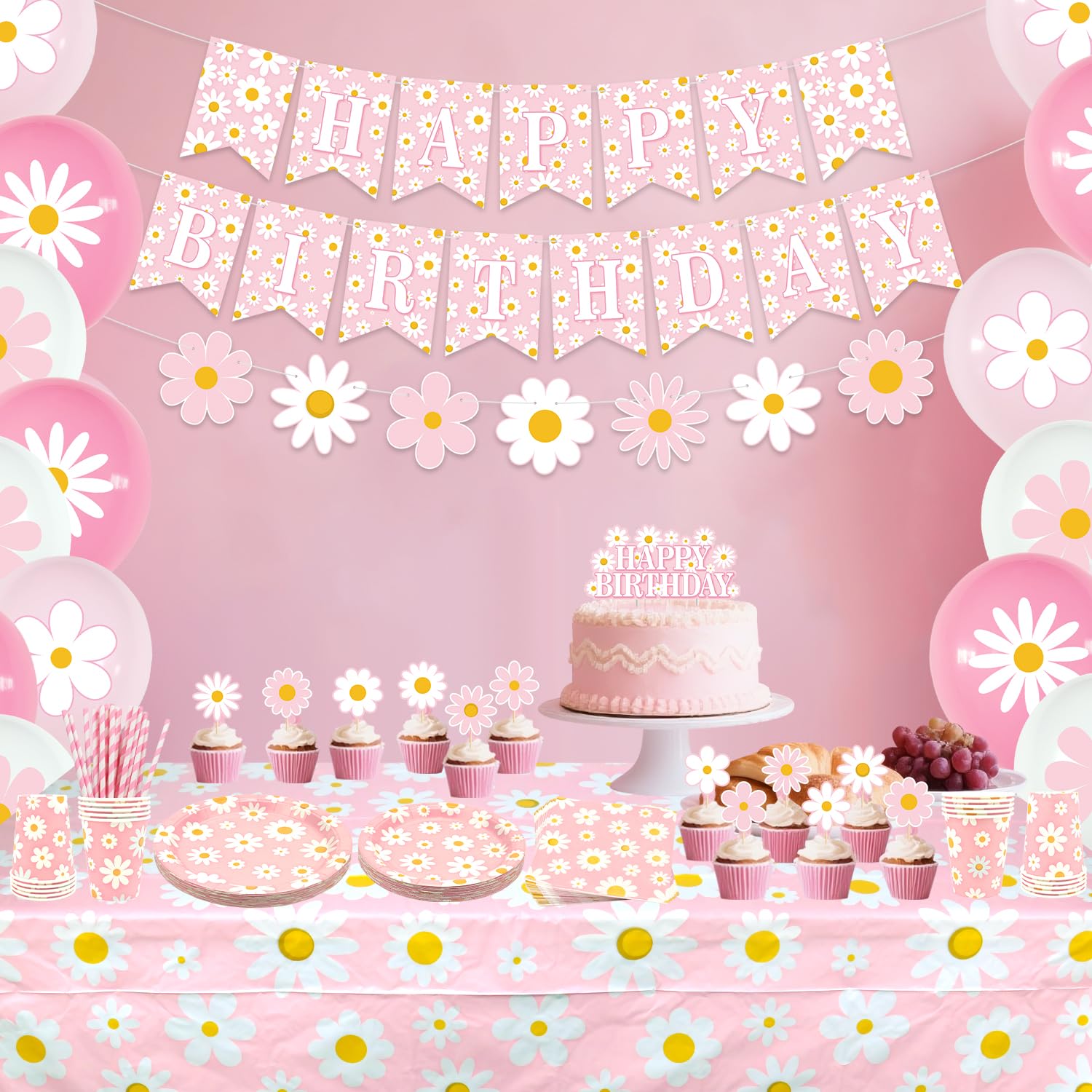 Pink Daisy - Decorazioni per feste di compleanno per ragazze, accessori per feste con striscioni, piatti, decorazioni per torte, bicchieri, tovaglioli, palloncini, tovaglie, per 20 persone
