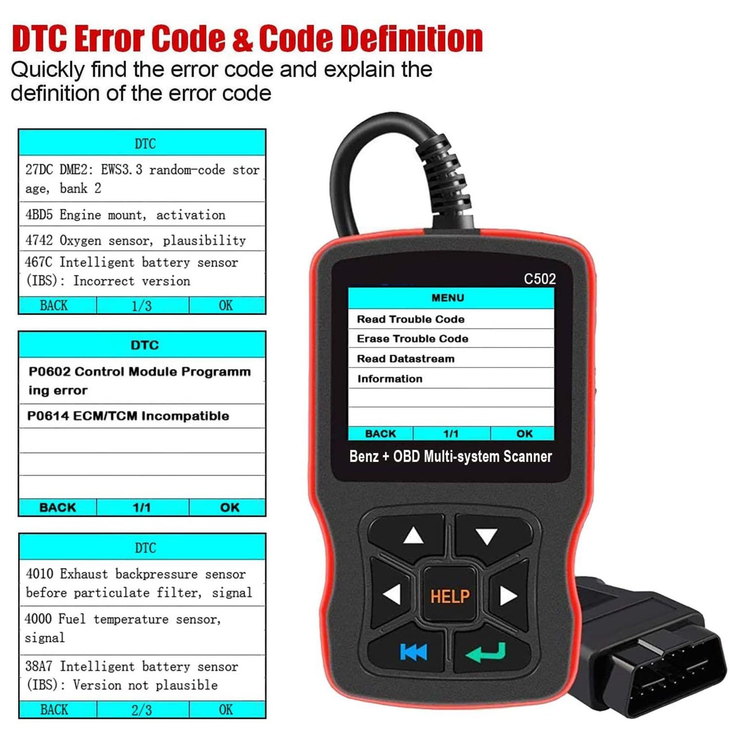 C502 OBD2 - Escáner de diagnóstico para comprobar la luz del motor EPB ABS SRS, herramienta de diagnóstico multisistema, lector de código, modos de comunicación OBD-II 1-10